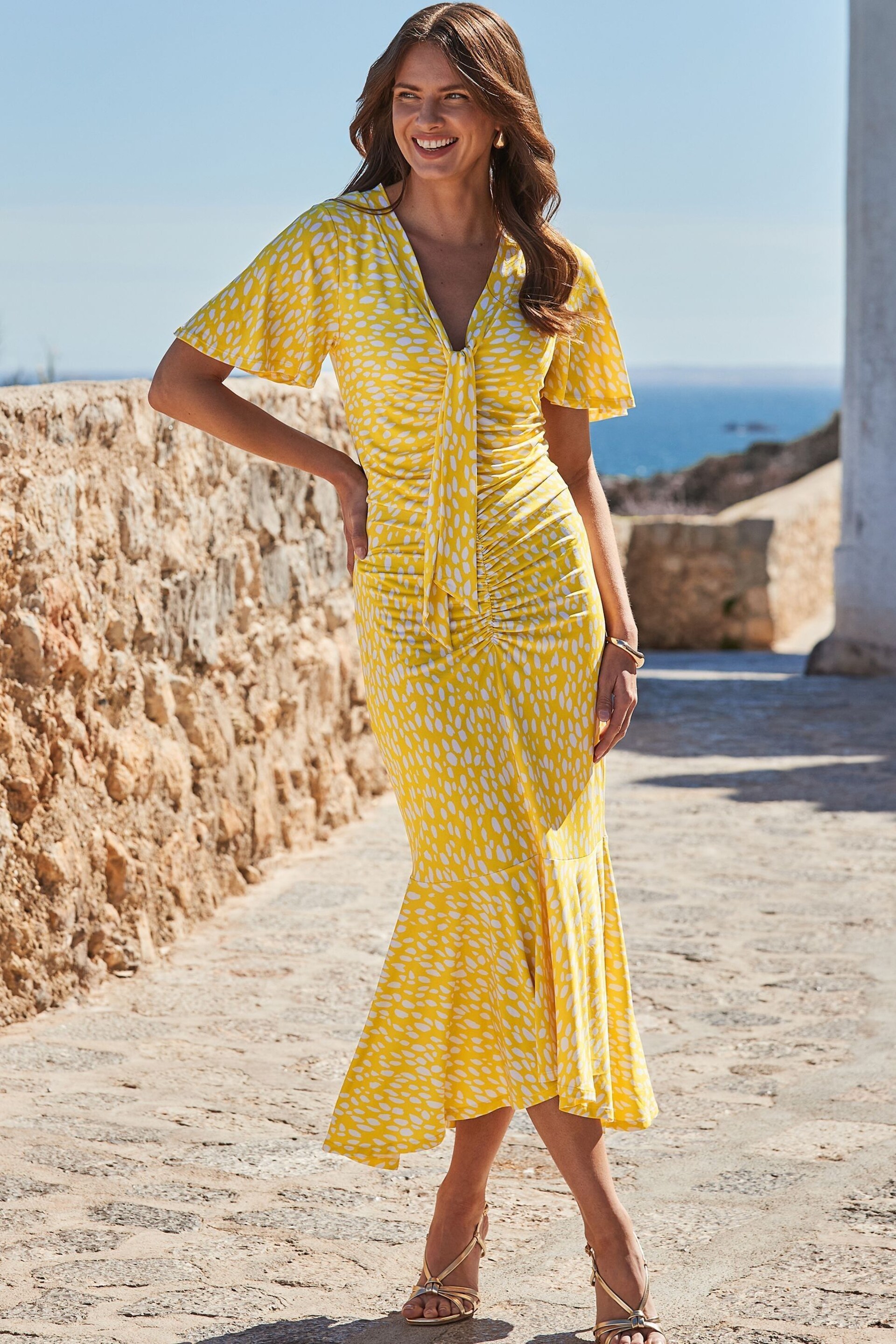 Sosandar Yellow Spot Print Ruchded Front Frill Hem Jersey Midaxi Dress - Image 1 of 5