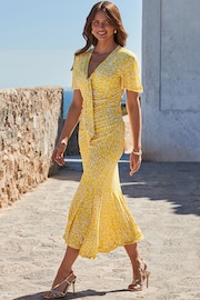 Sosandar Yellow Spot Print Ruchded Front Frill Hem Jersey Midaxi Dress - Image 3 of 5