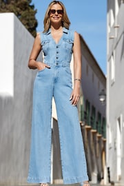 Sosandar Blue Kick Flare Denim Jumpsuit - Image 1 of 5