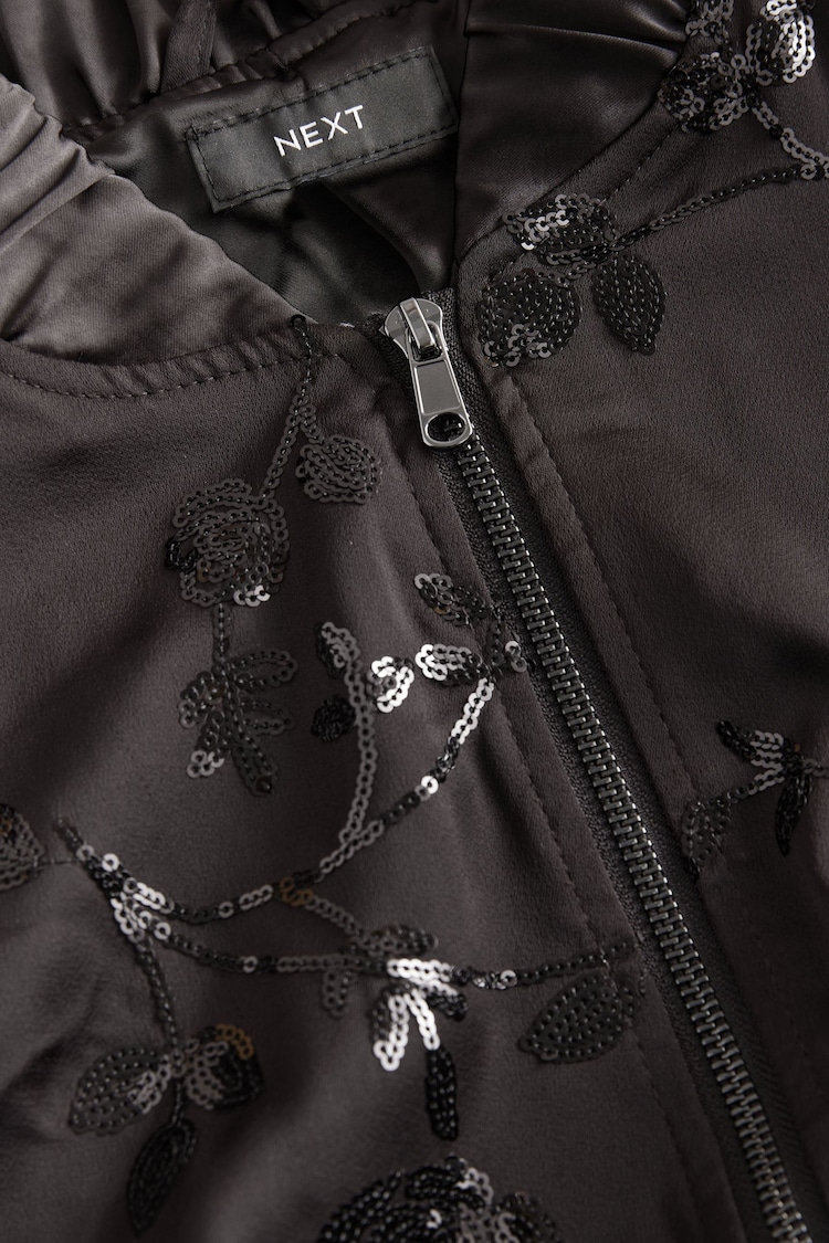 Black Floral Sequin Bomber Jacket - Image 7 of 7