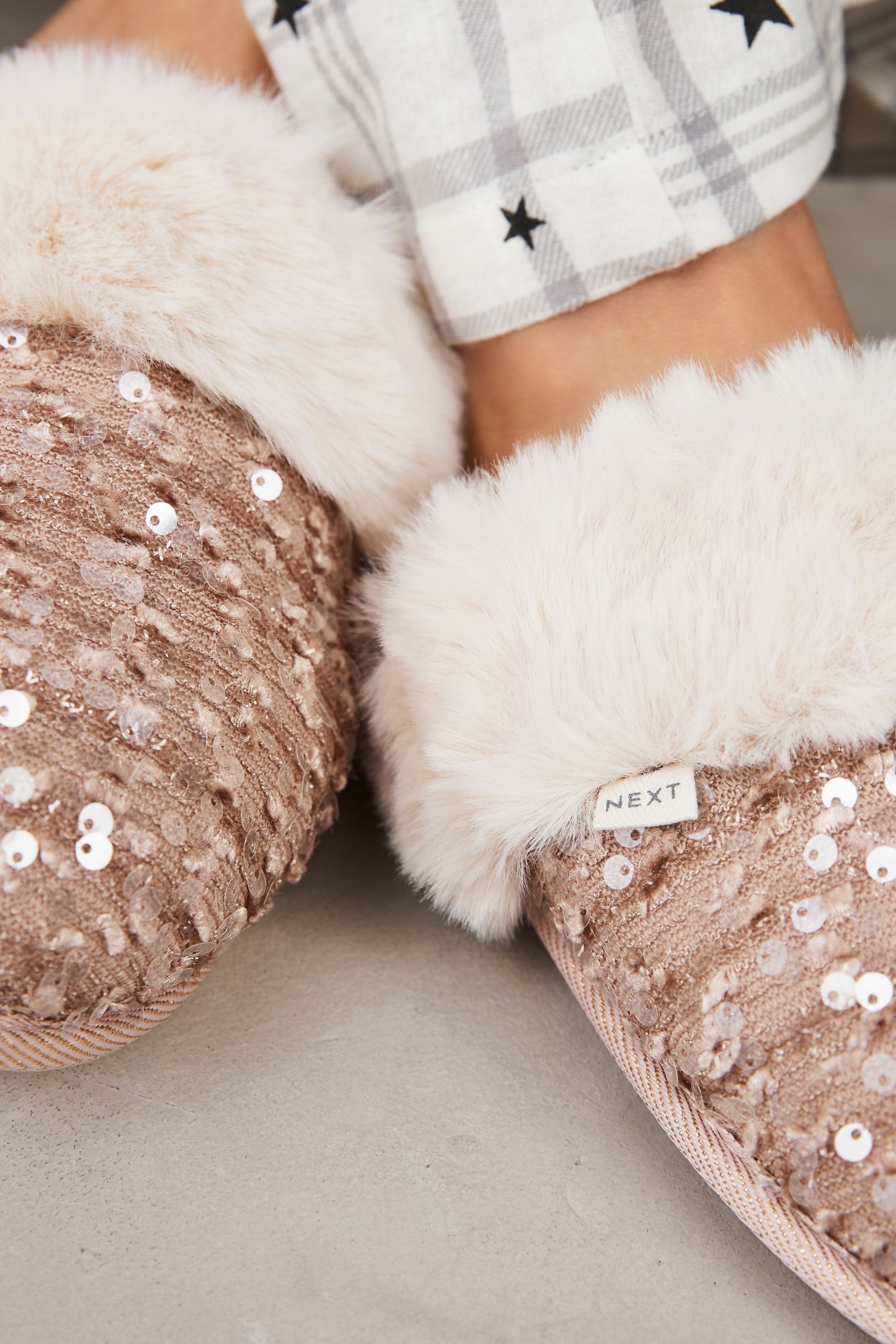 Rose gold sequin slippers top