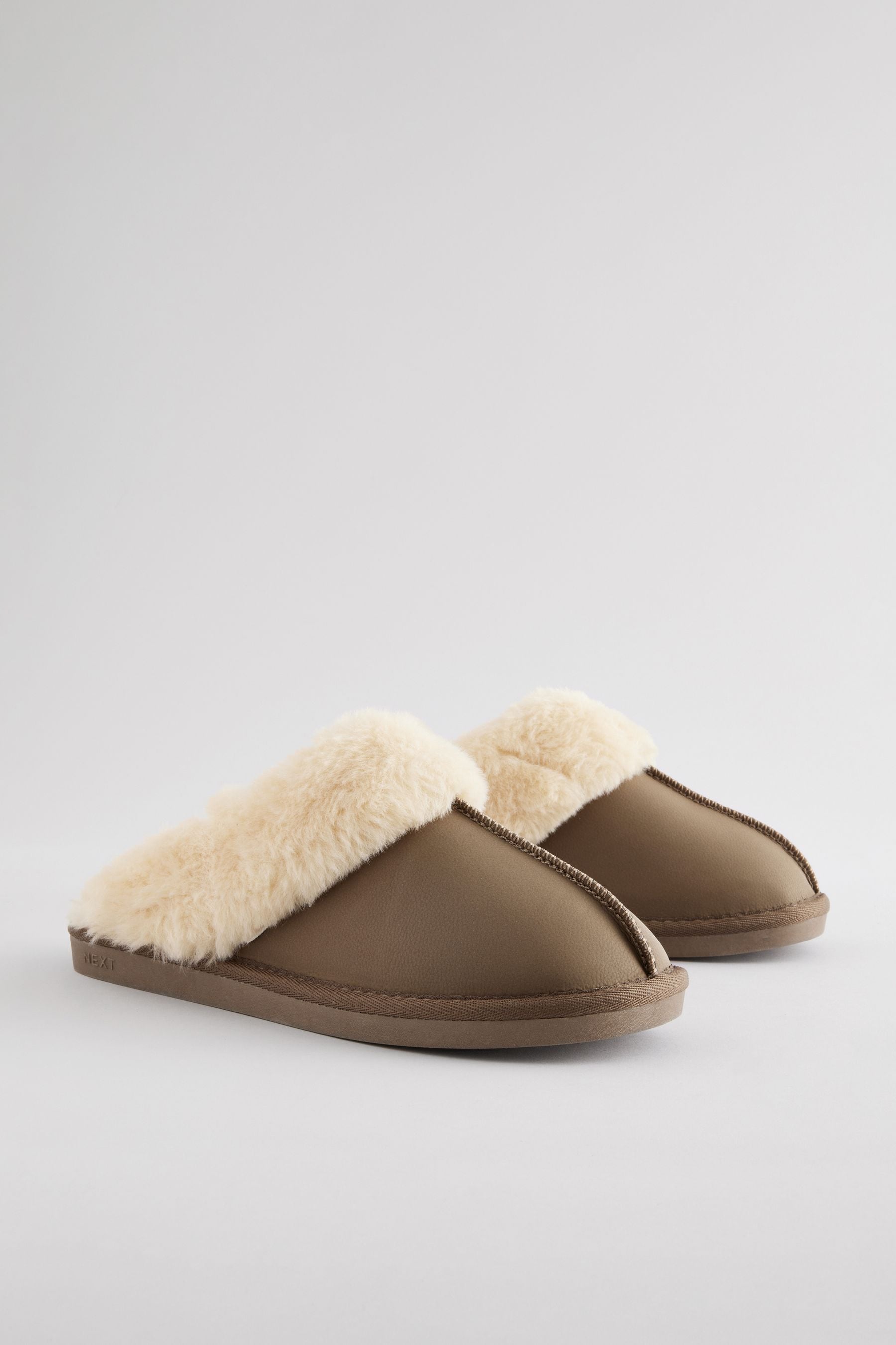 Buy Brown Khaki Leather Faux Fur Mule Slippers from Next Luxembourg
