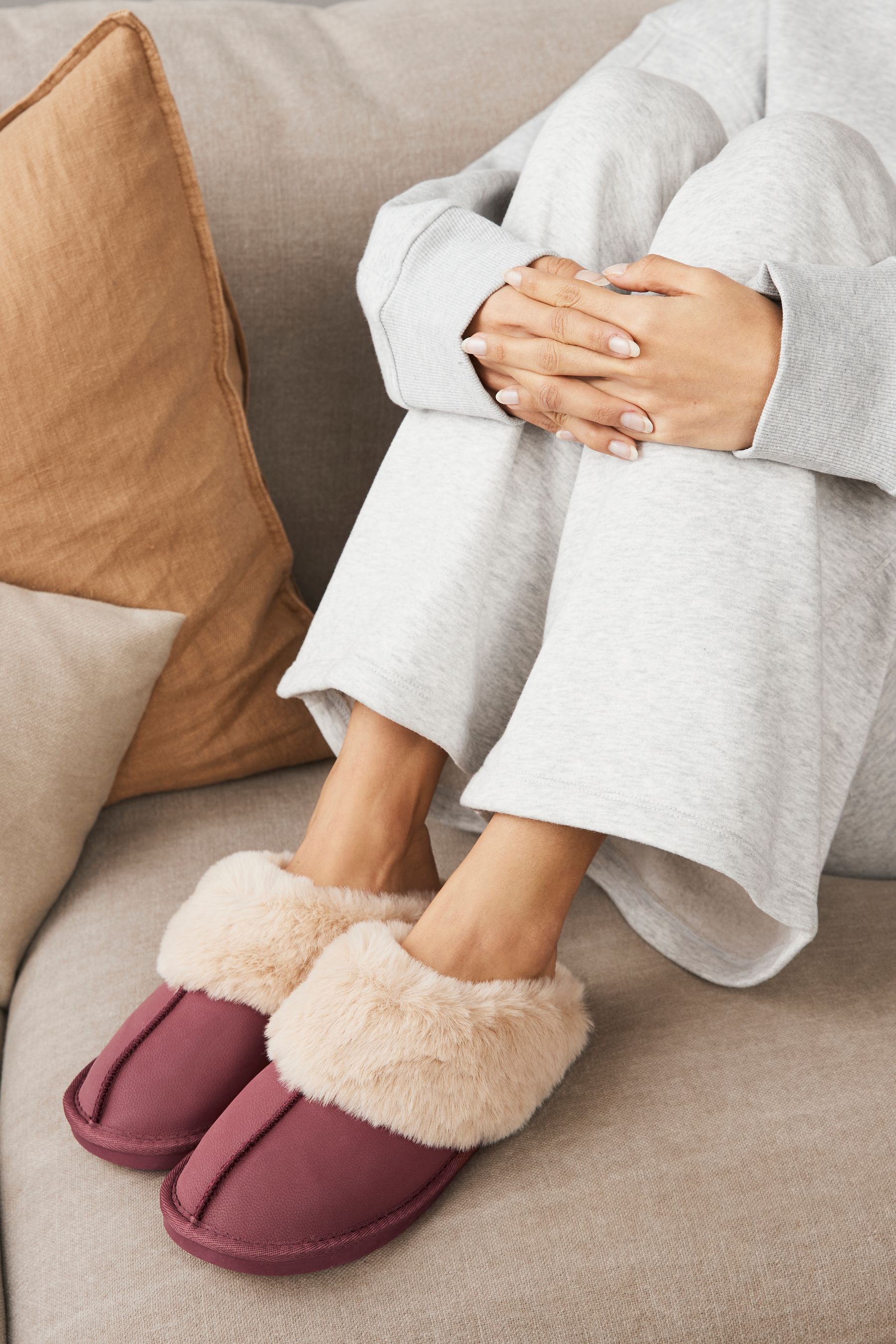 Rose Pink Leather Faux Fur Mule Slippers