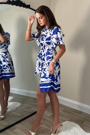 Girl In Mind Blue Verity Cobalt Boarder Print Tie Detail Mini Shirt Dress - Image 2 of 4