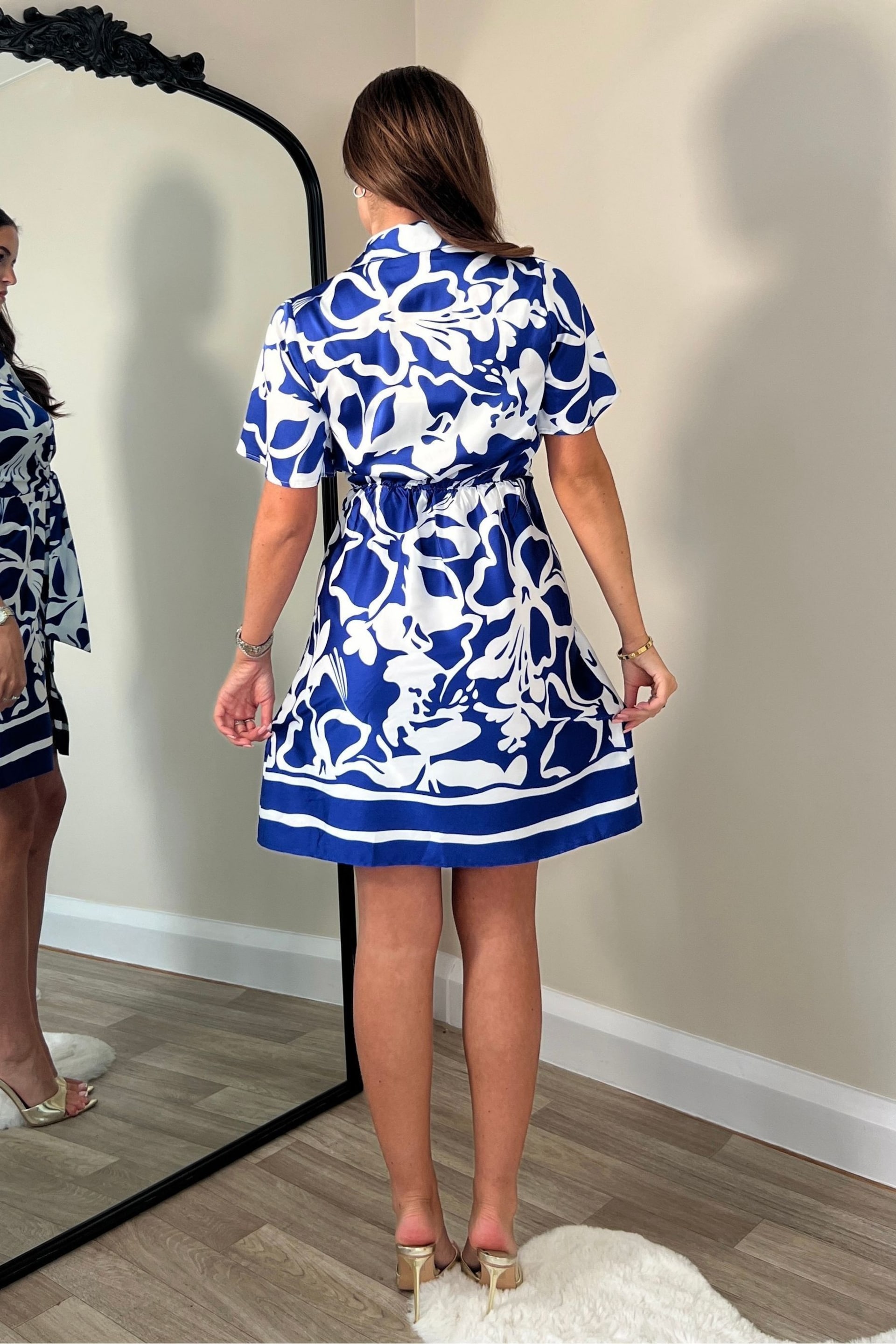 Girl In Mind Blue Verity Cobalt Boarder Print Tie Detail Mini Shirt Dress - Image 3 of 4