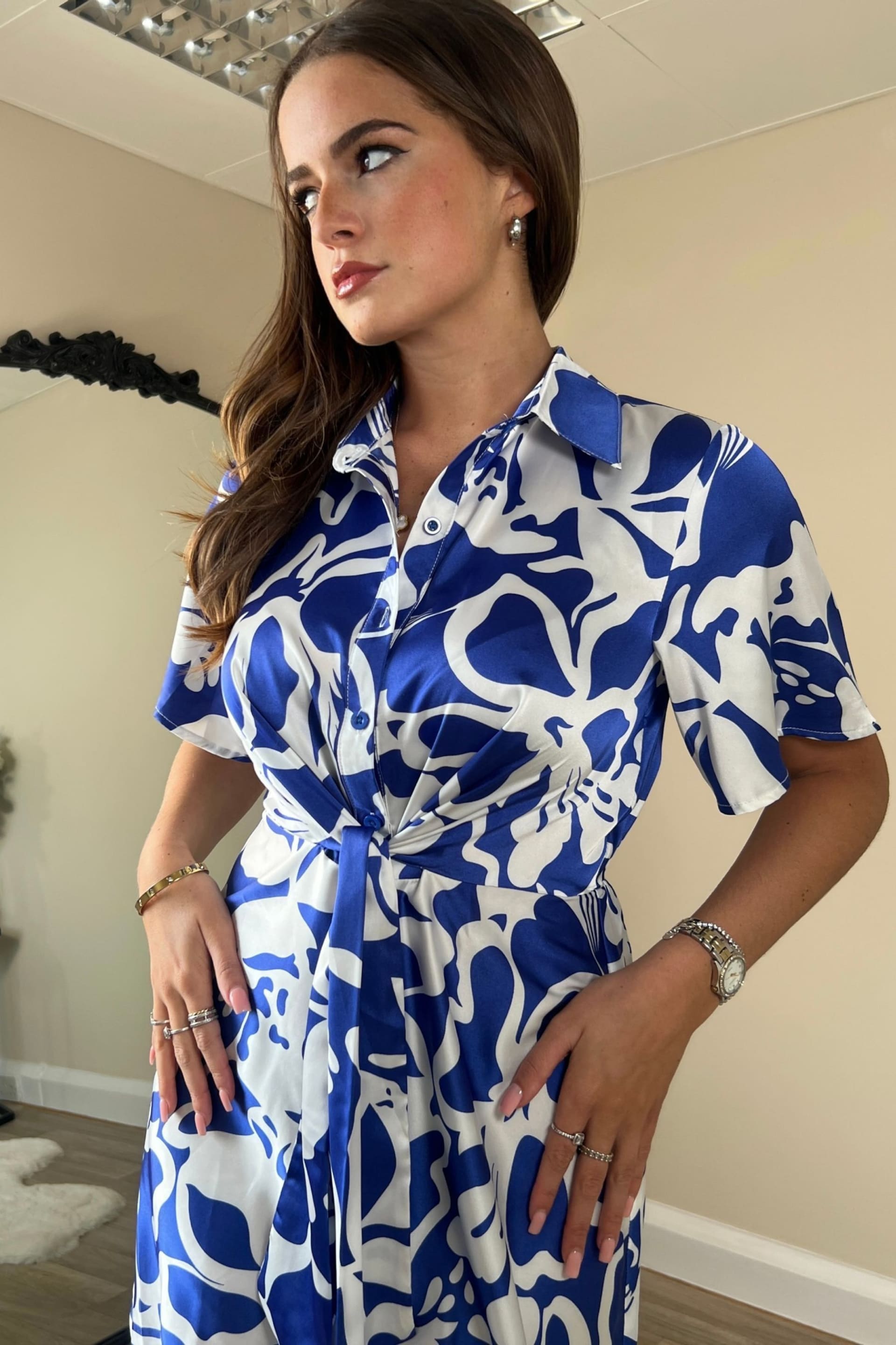 Girl In Mind Blue Verity Cobalt Boarder Print Tie Detail Mini Shirt Dress - Image 4 of 4