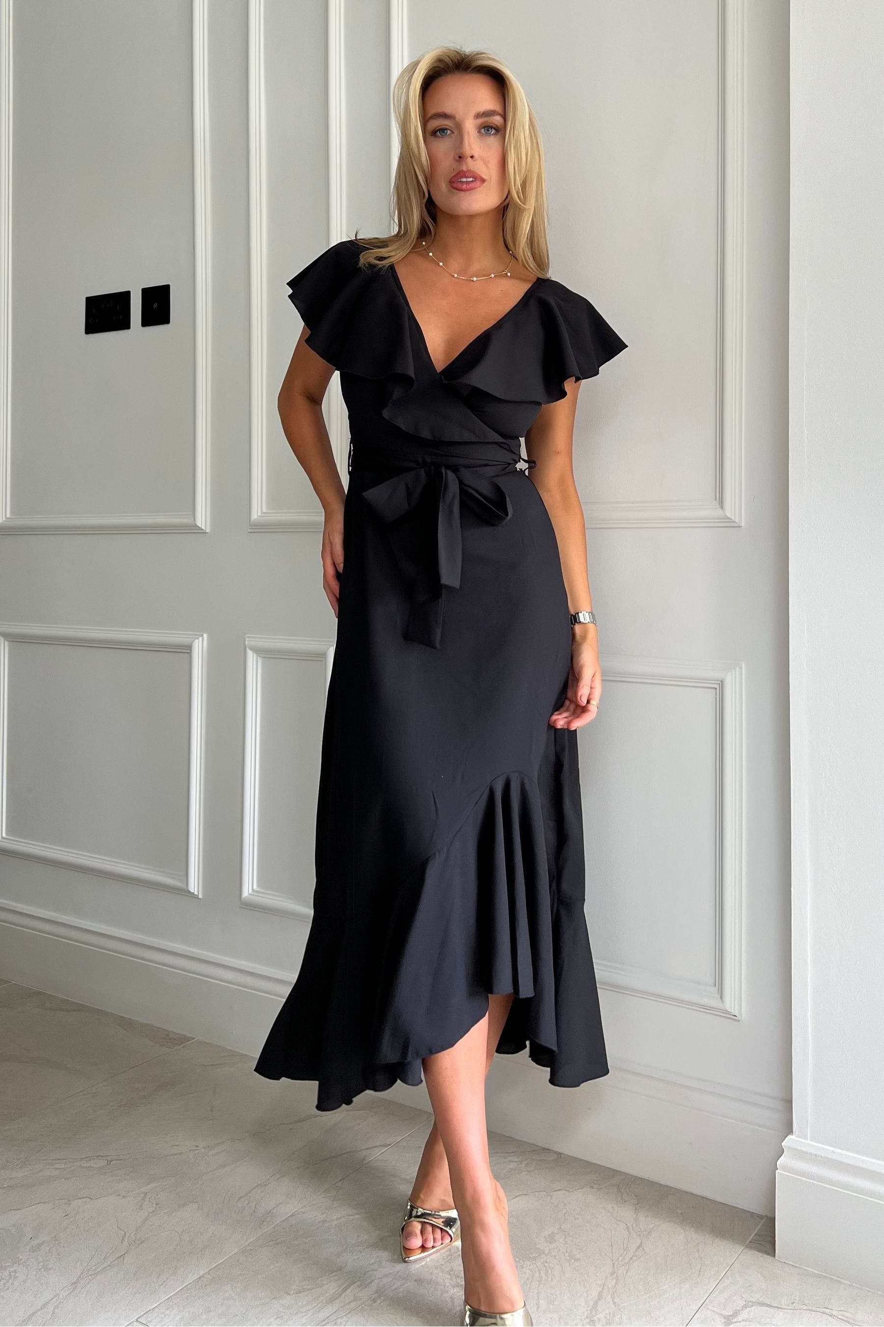 Buy Girl In Mind Black Daphne Black Wrap Frill Detailed Midi Dress from the Next UK online shop