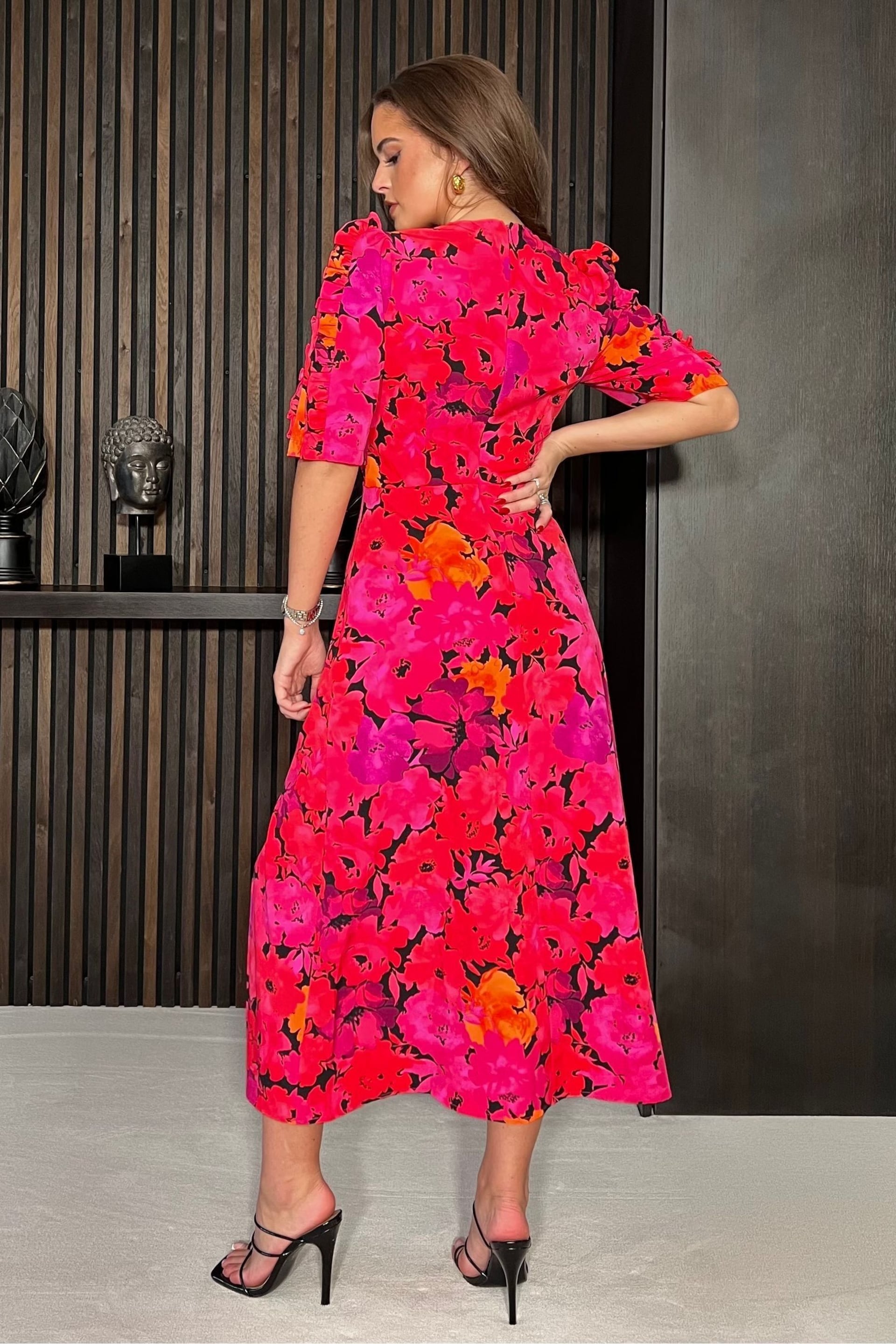 Girl In Mind Pink Samira Pink Floral Frill Sleeve Midi Dress - Image 2 of 4