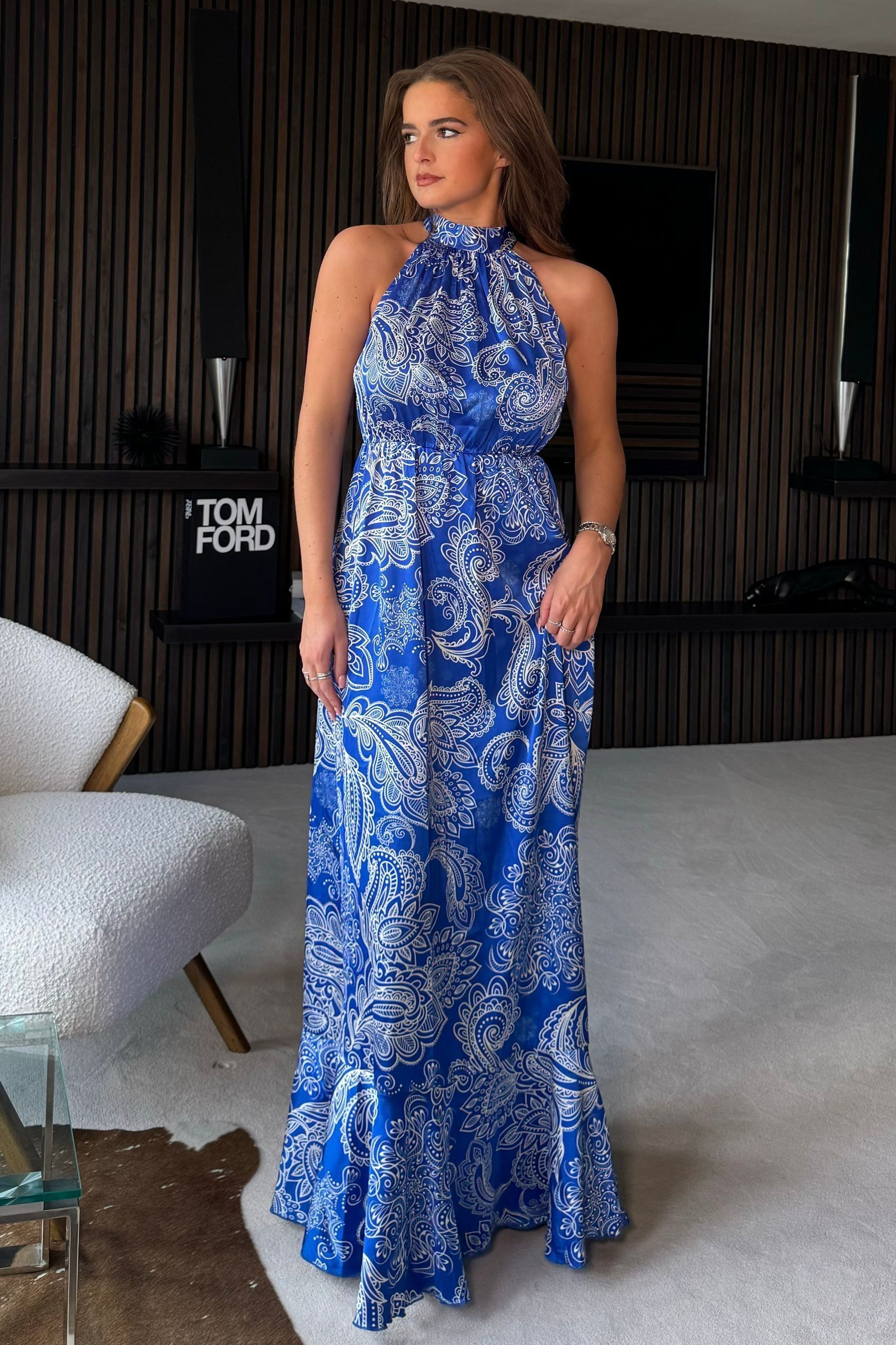 Girl In Mind Blue Paloma Blue Paisley Floral Tie Neck Maxi Dress