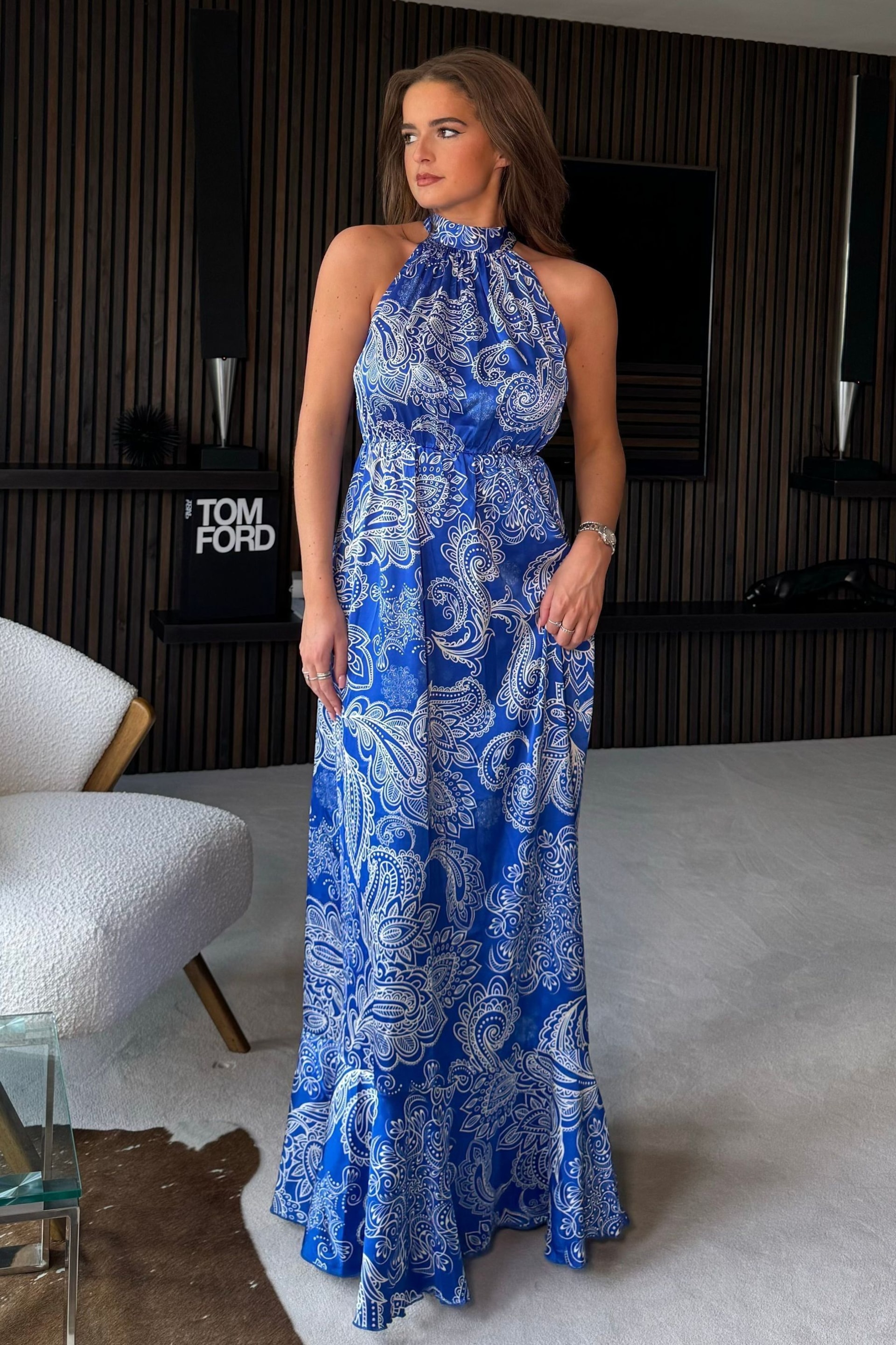 Girl In Mind Blue Paloma Blue Paisley Floral Tie Neck Maxi Dress - Image 1 of 4