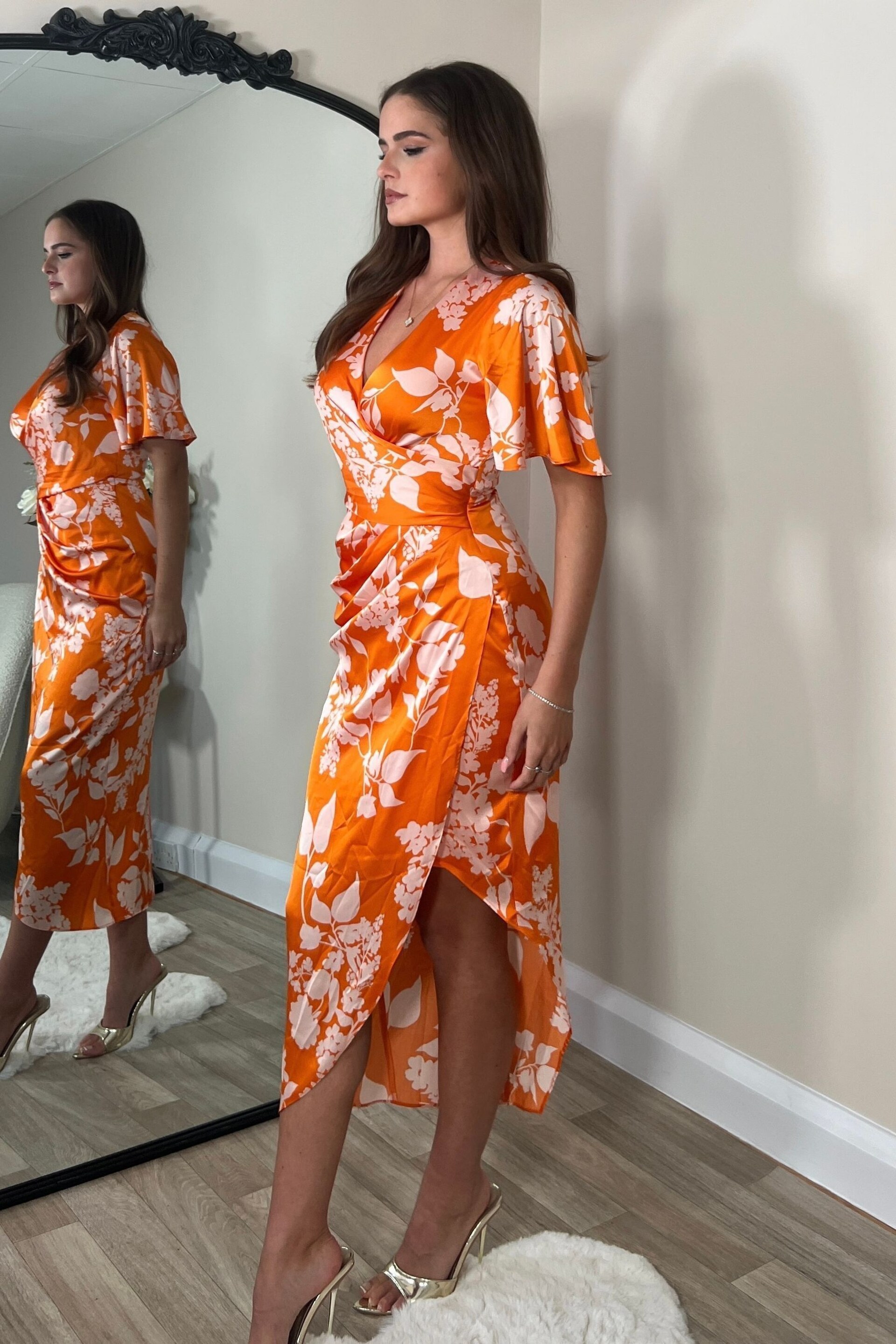 Girl In Mind Orange Natasha Angel Sleeve Wrap Midi Dress - Image 2 of 4