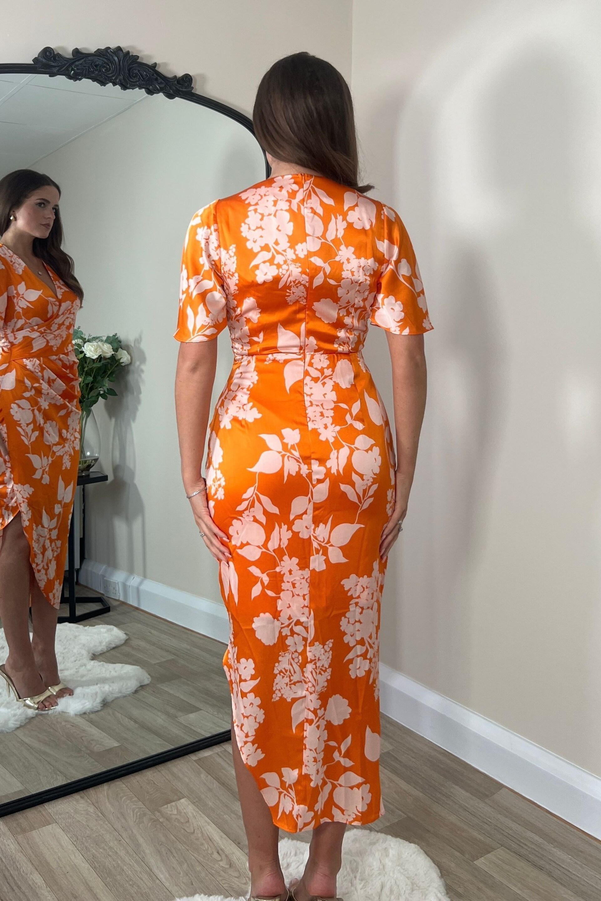 Girl In Mind Orange Natasha Angel Sleeve Wrap Midi Dress - Image 3 of 4