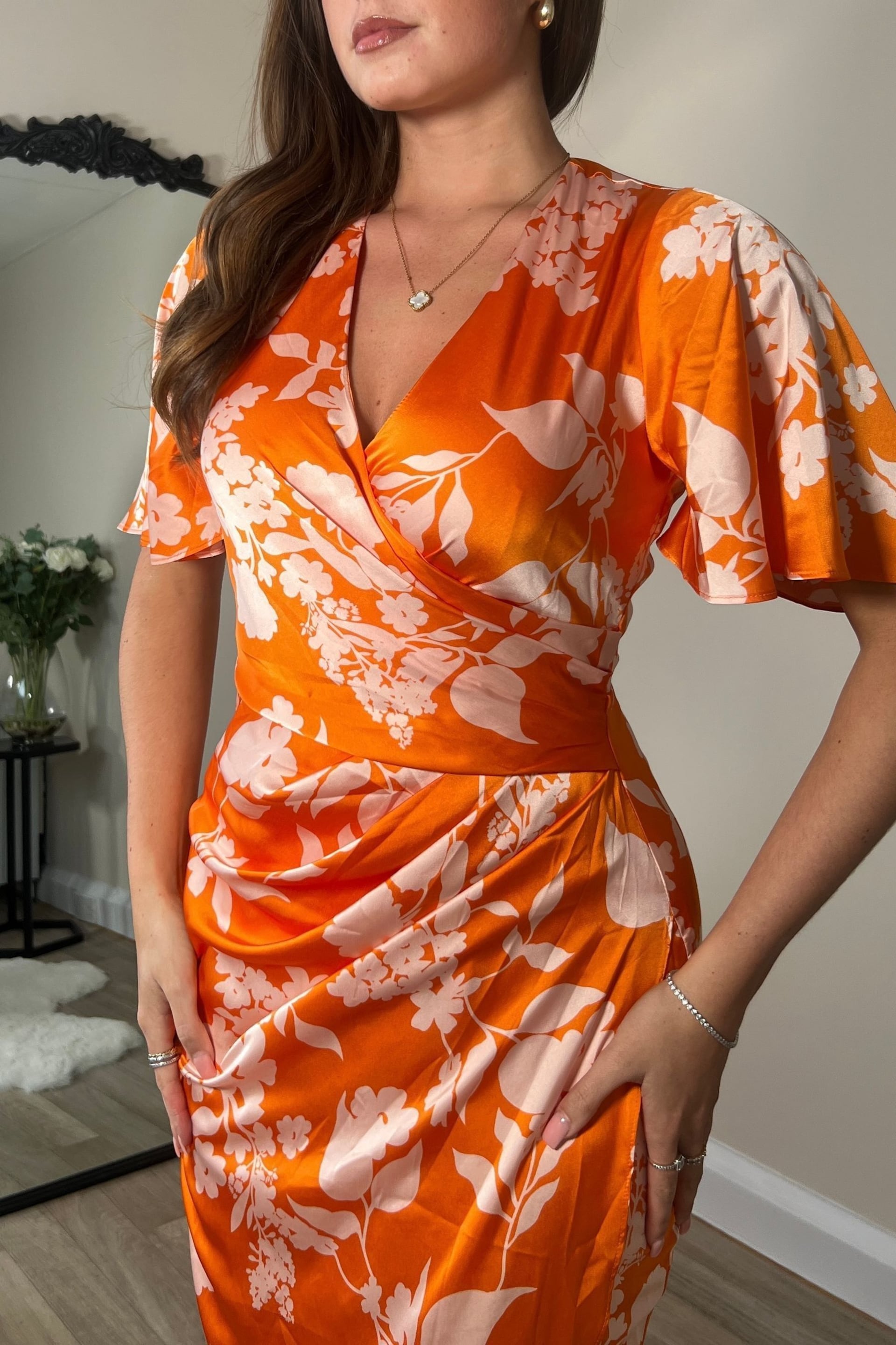 Girl In Mind Orange Natasha Angel Sleeve Wrap Midi Dress - Image 4 of 4