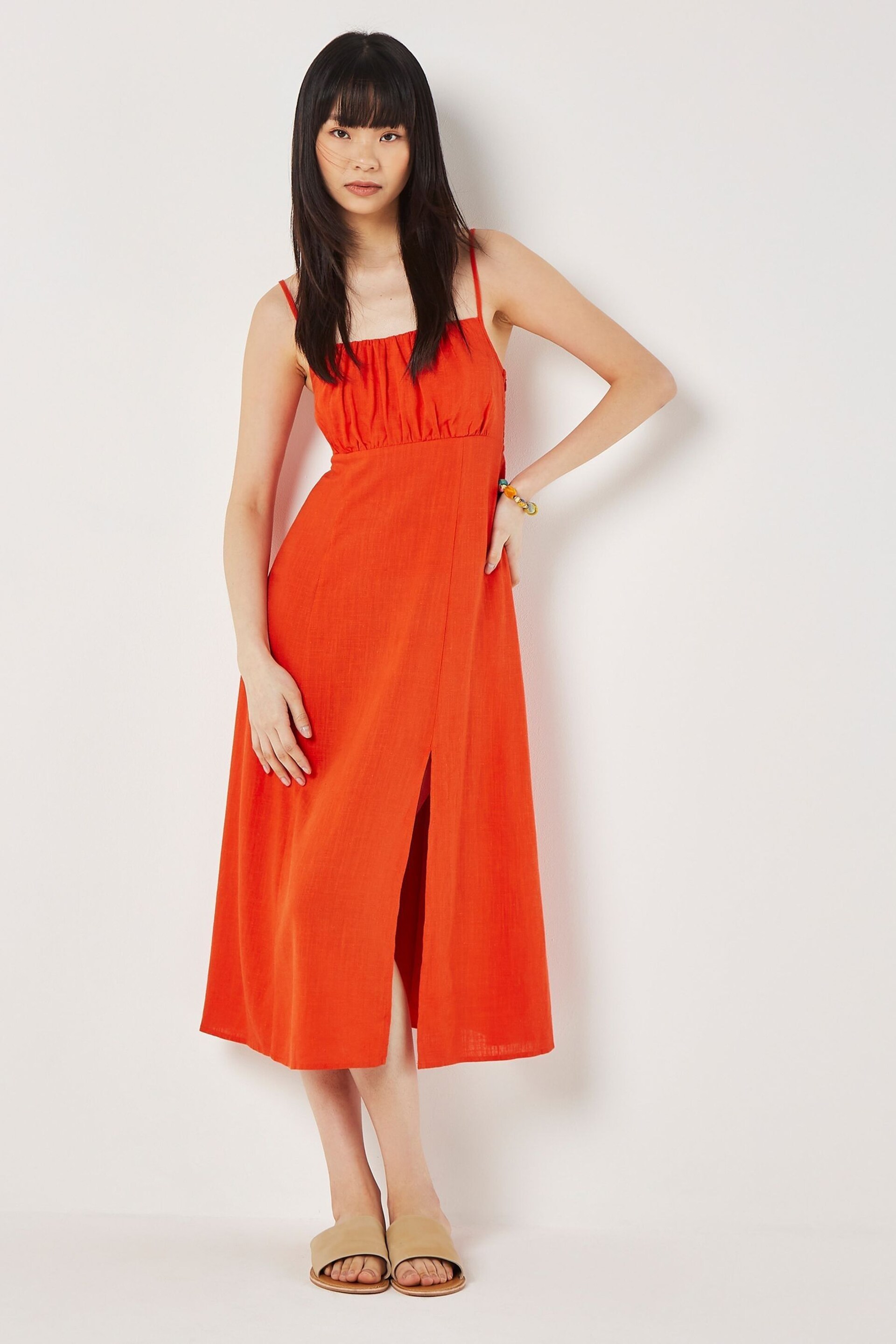 Apricot Orange Cami Linen Dress With Side Split - Image 1 of 3