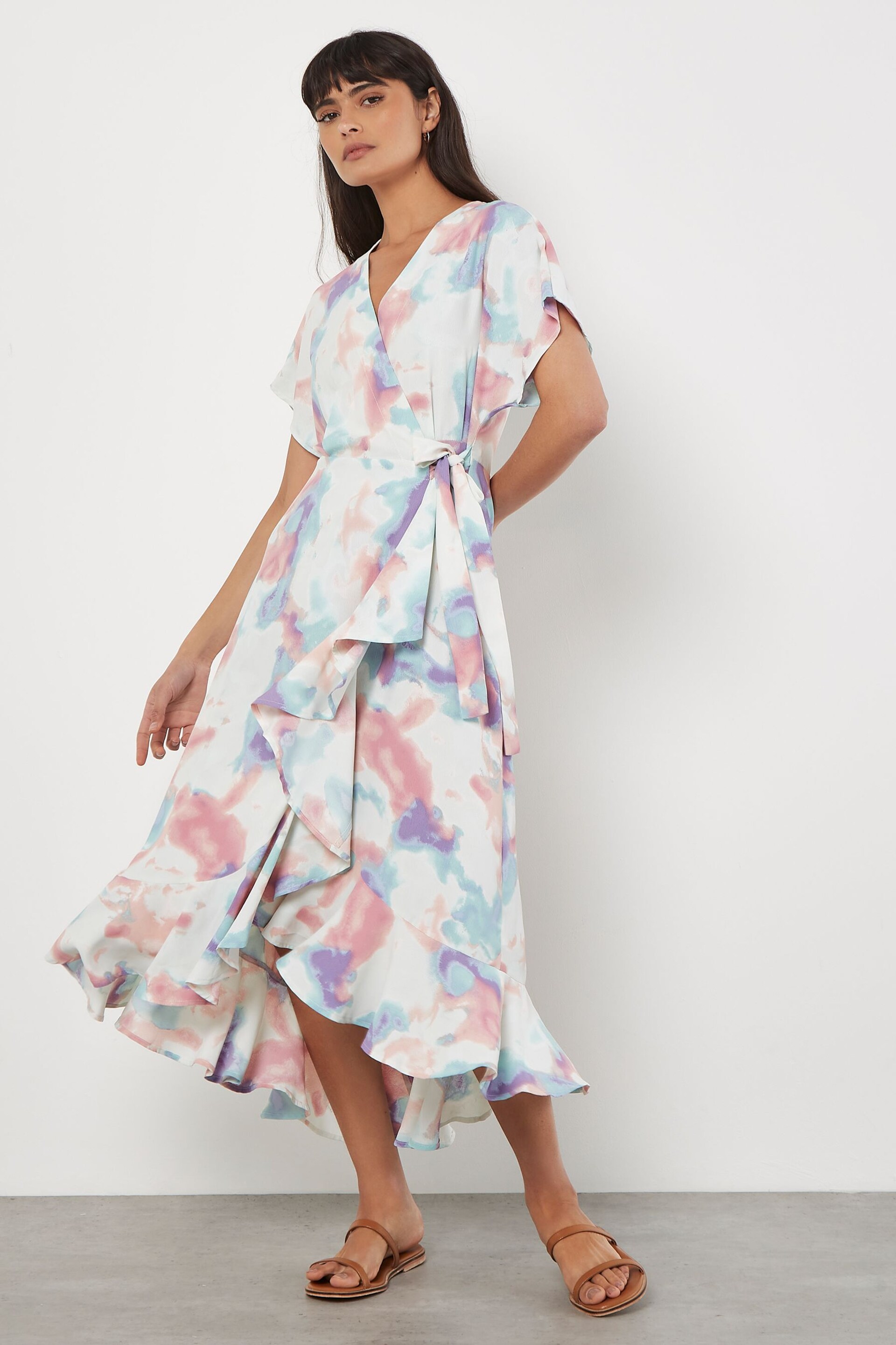 Apricot Green Watercolour Cloud Print Wrap Dress - Image 1 of 4