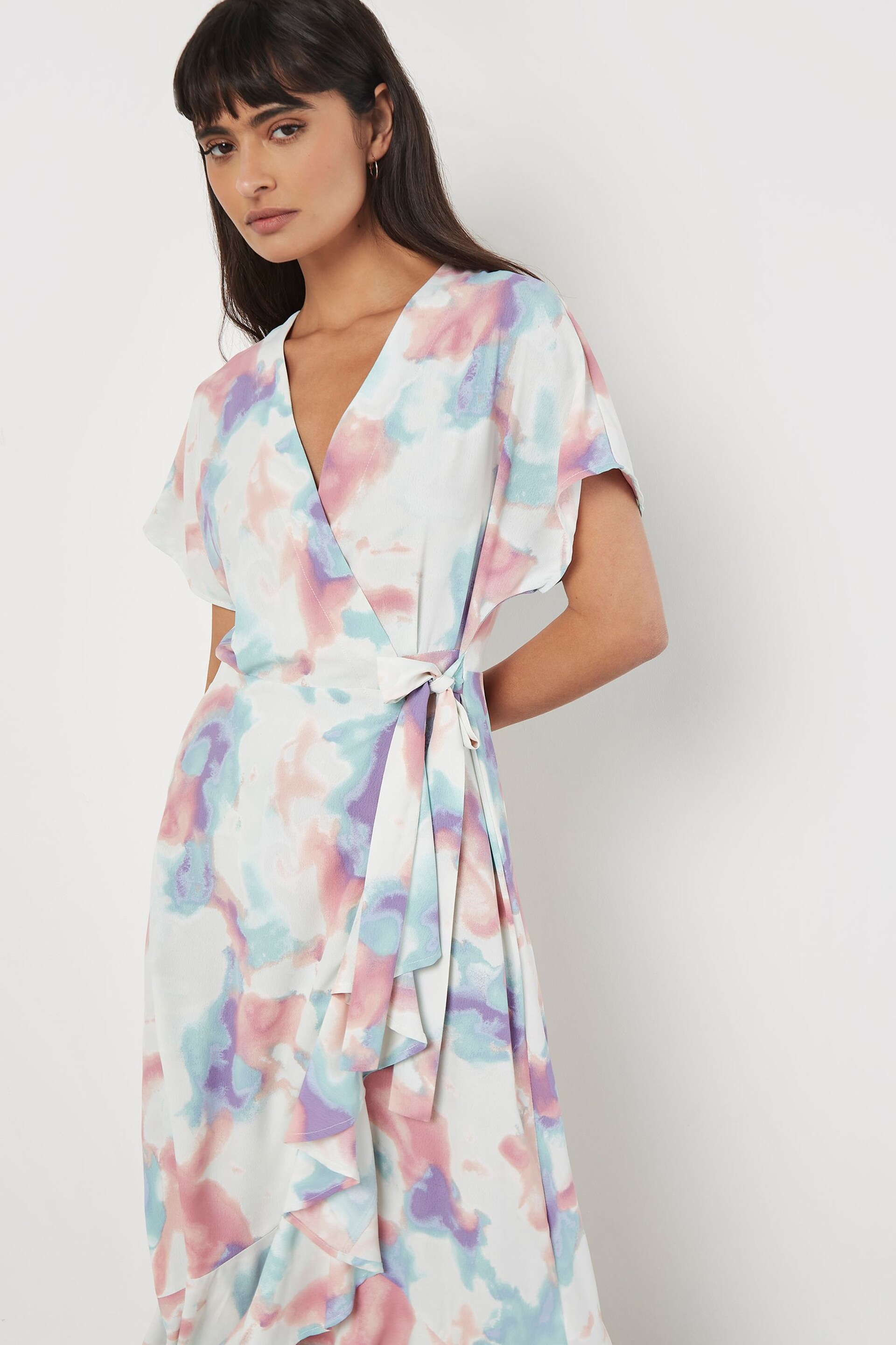 Apricot Green Watercolour Cloud Print Wrap Dress - Image 3 of 4