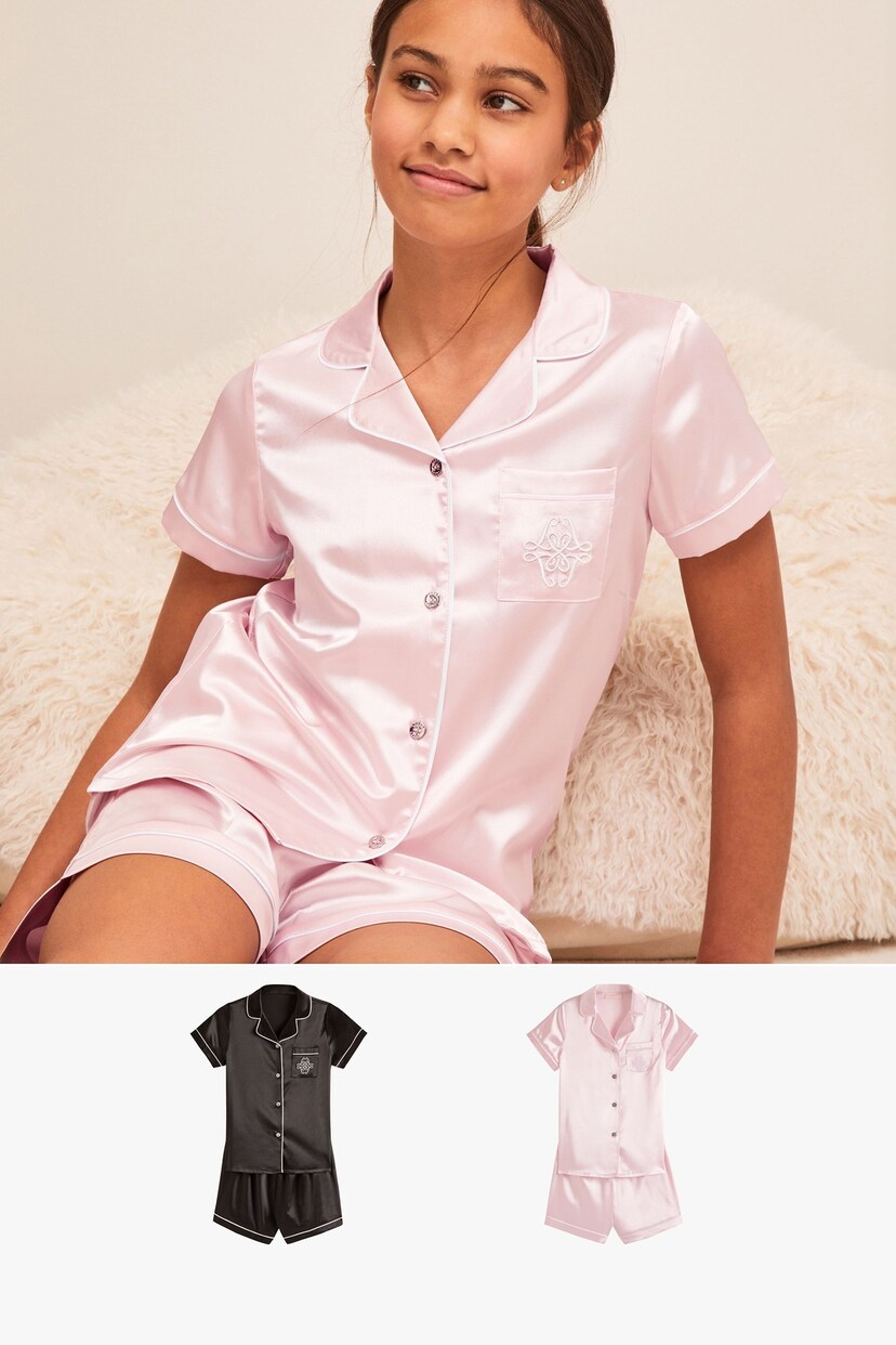 Lipsy Pink/ Black 2 Pack Satin Pyjamas (5-16yrs) - Image 1 of 7