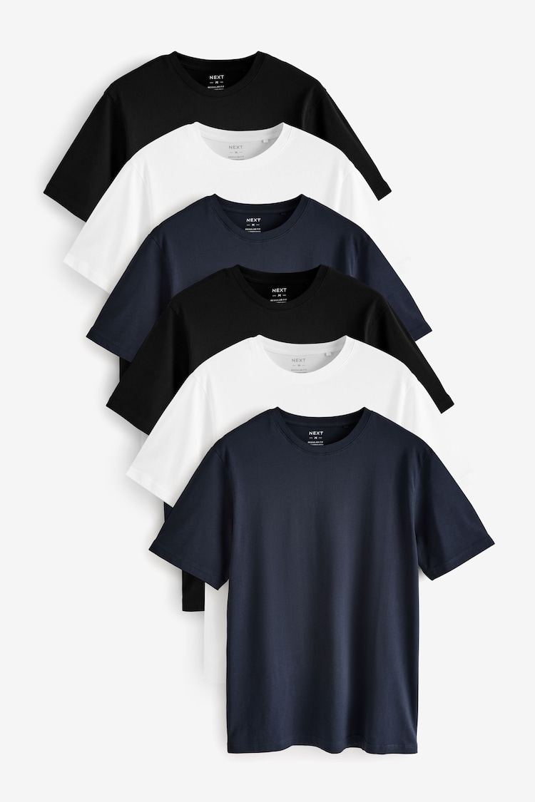 White/Black/Navy Regular Fit Essential 100% Cotton T-Shirts 6 Pack - Image 1 of 8