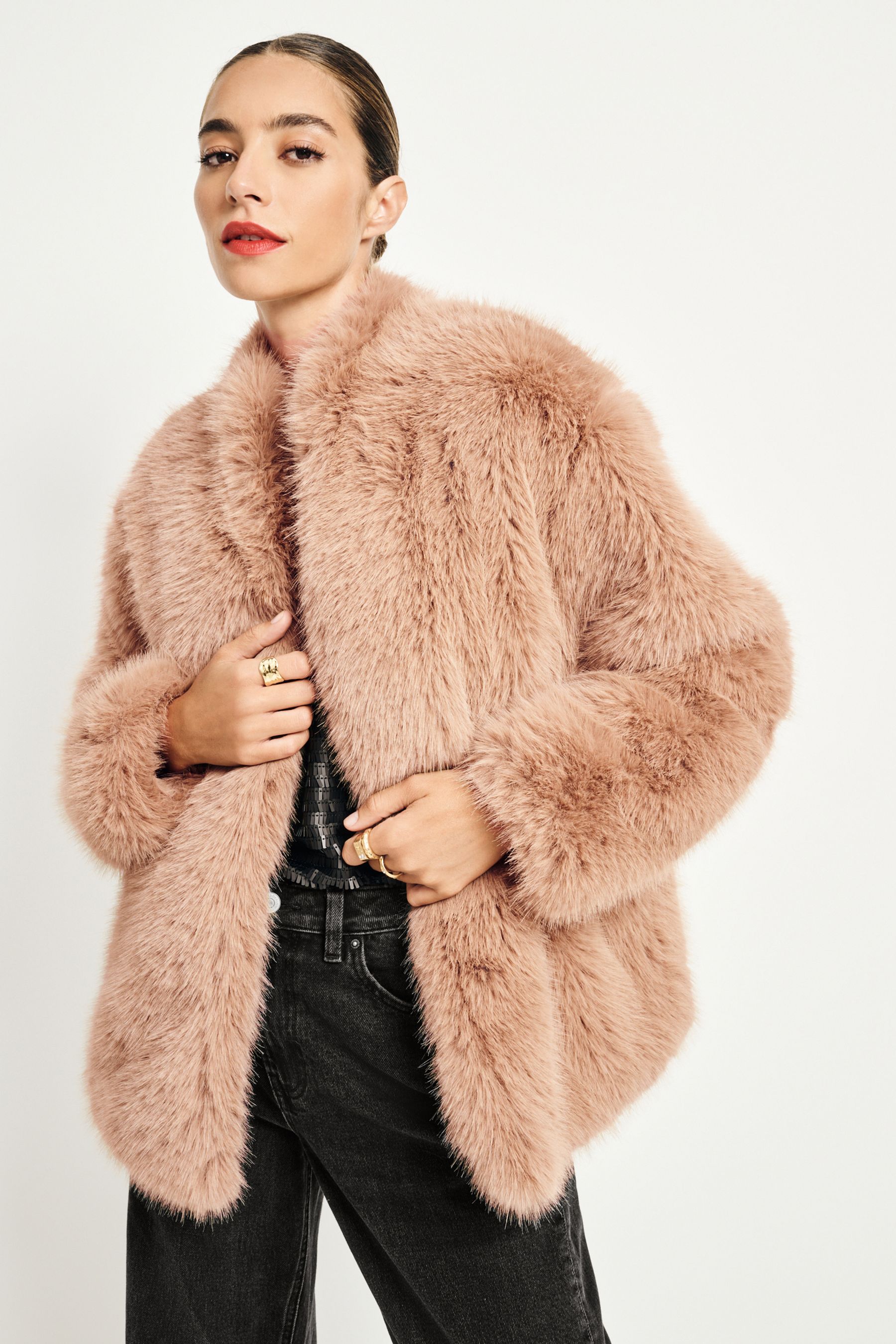 Neutral faux fur jacket discount