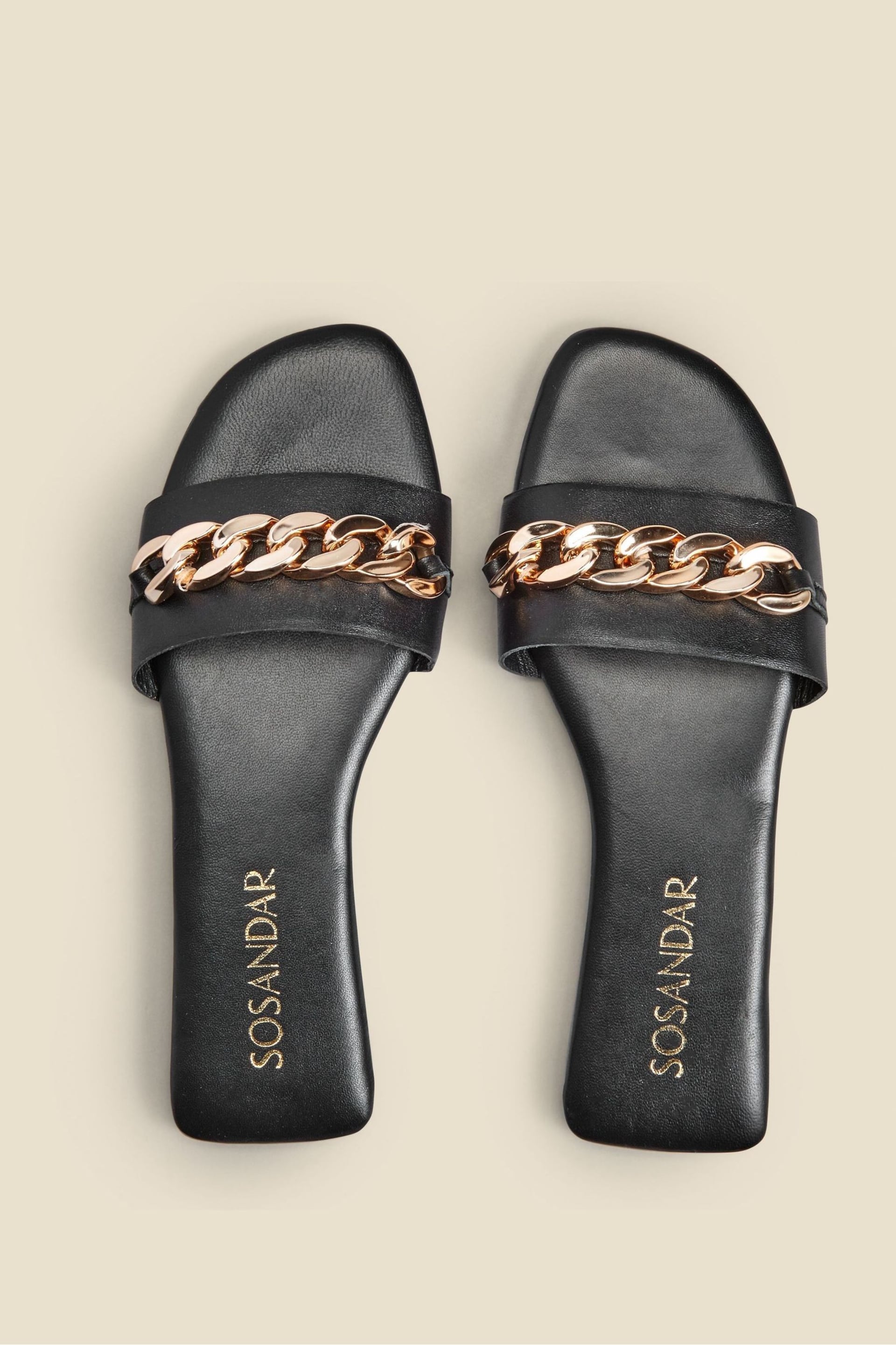 Sosandar Black Paradiso Chain Detail Flat Leather Mules Sandals - Image 2 of 2