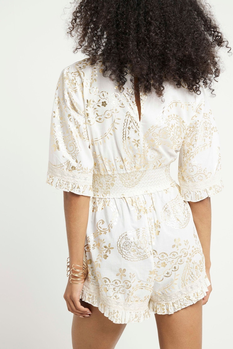 River Island Cream Paisley Embellished Playsuit - Image 2 of 4