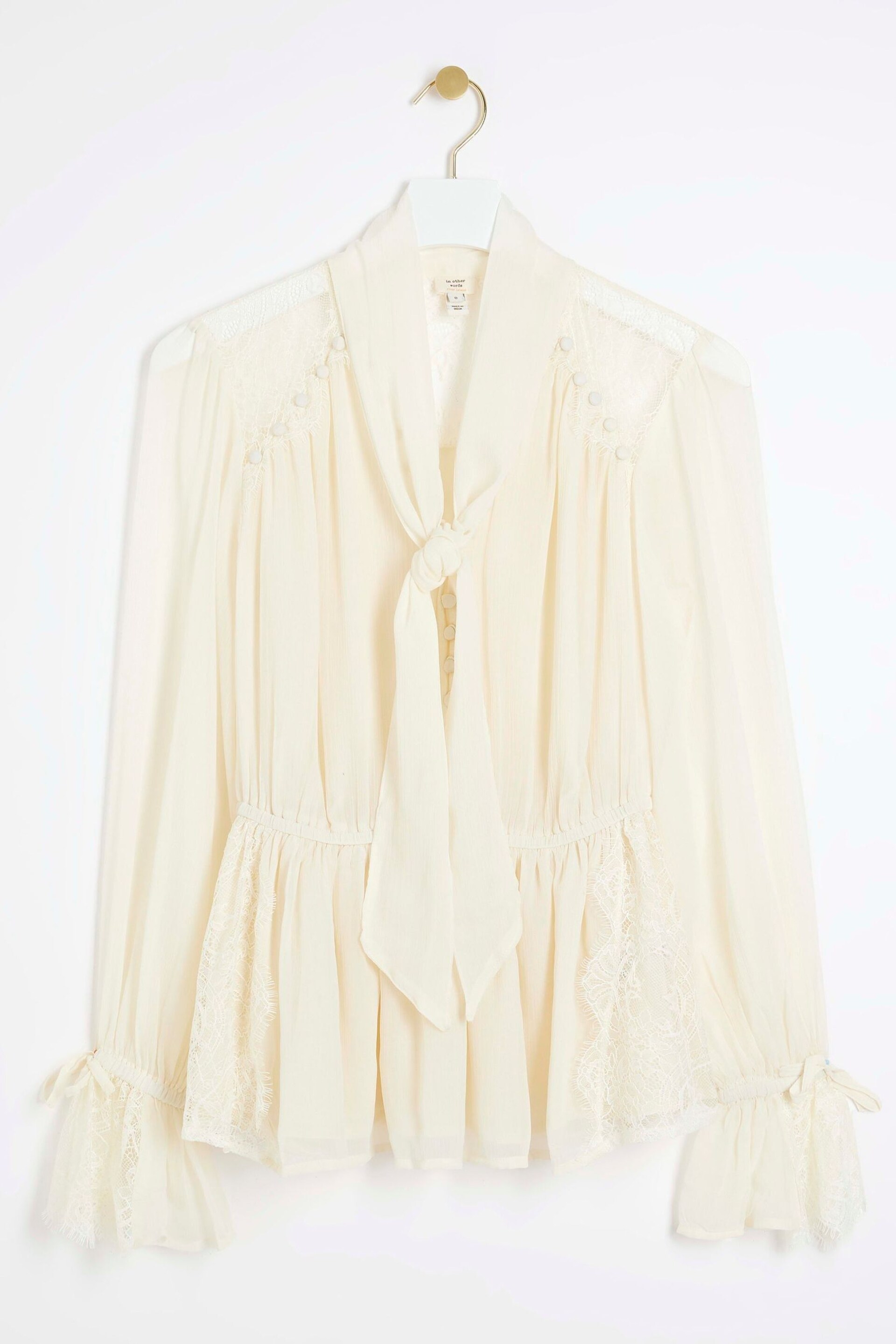 River Island Cream Lace Mix Pussy Bow Blouse - Image 3 of 4