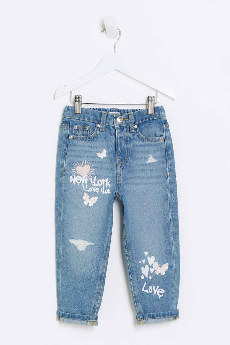 River Island Blue Girls New York Graffiti Mom 100% Cotton Jeans - Image 1 of 4