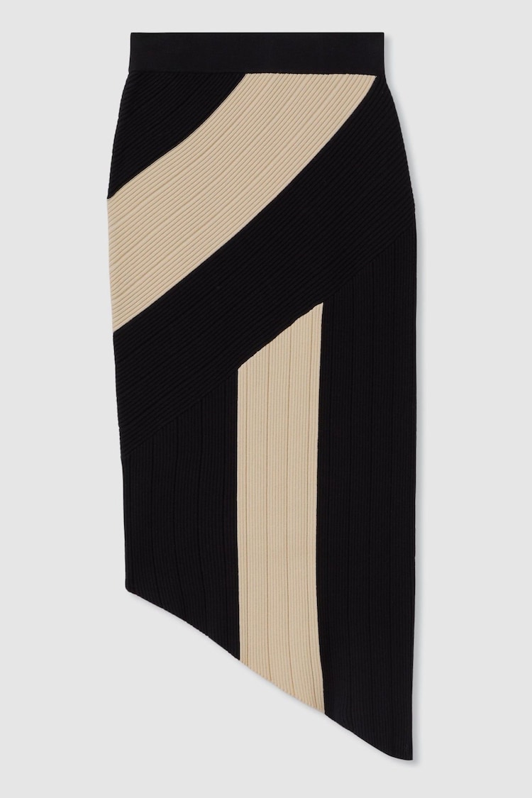 Reiss Black/Camel Jess Knitted Colourblock Asymmetric Midi Skirt - Image 2 of 6