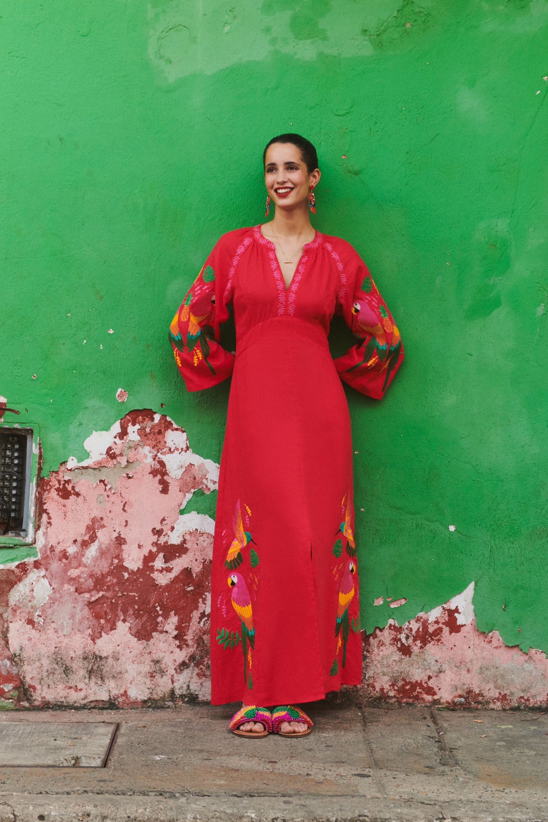 Boden Red Una Linen Embroidered Dress