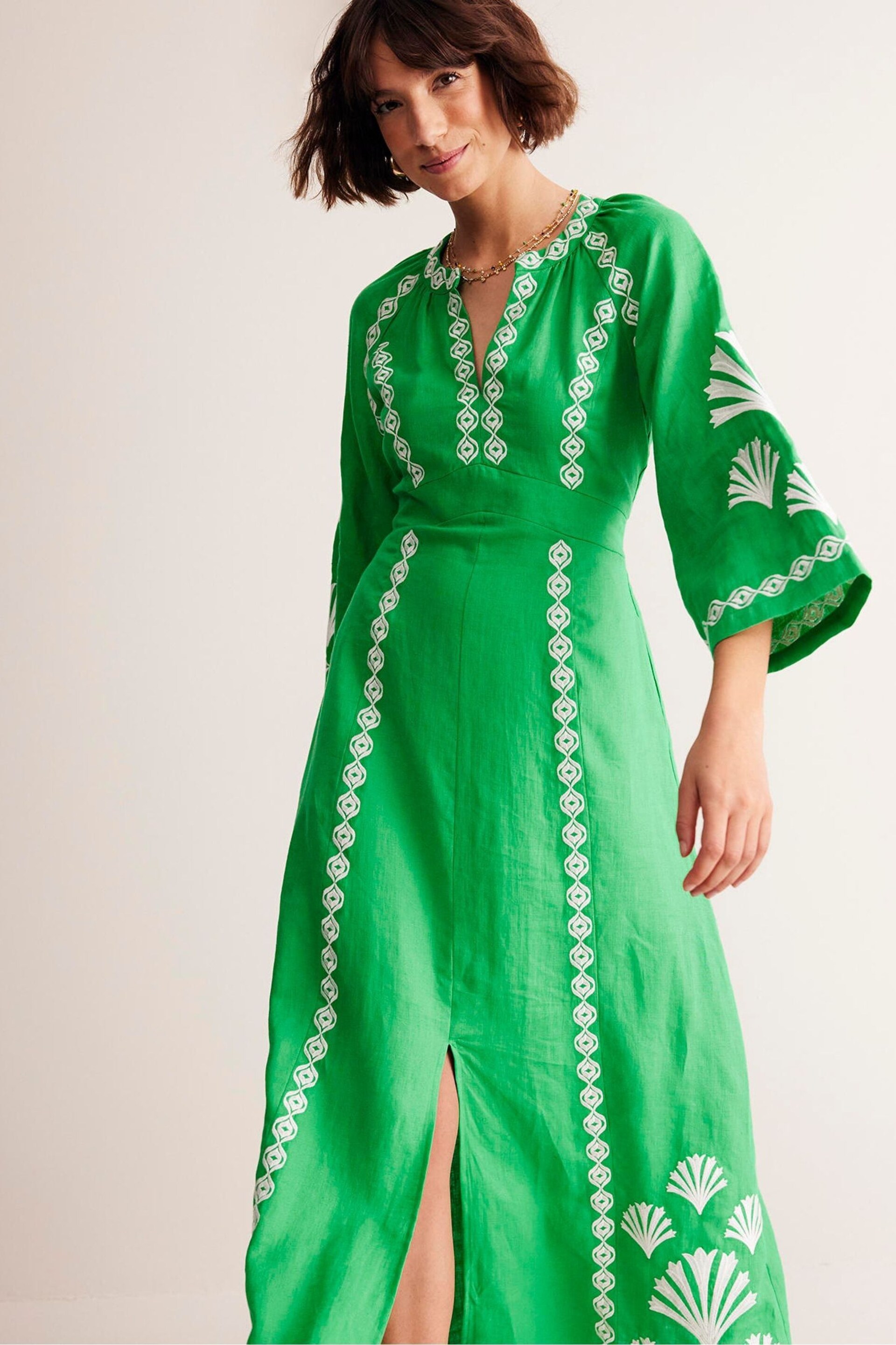 Boden Green Una Linen Embroidered Dress - Image 2 of 5