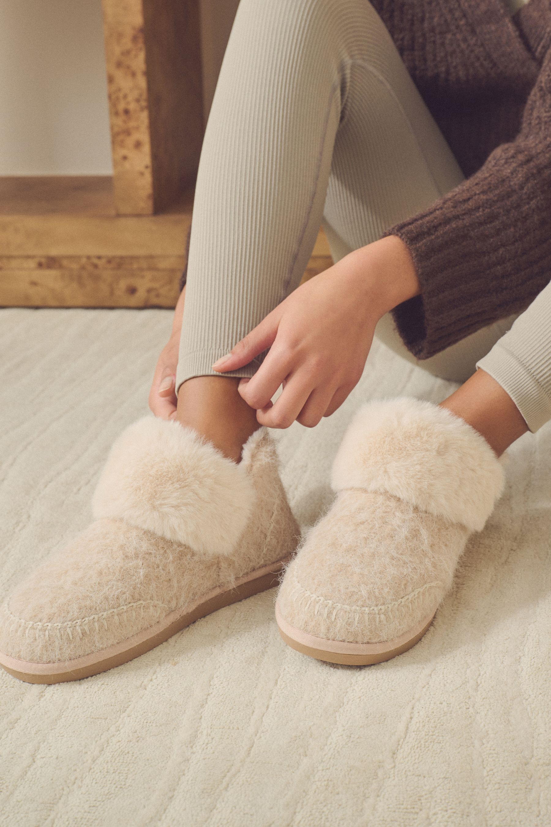 Buy Neutral Fur Lined Shoot Slippers from the Next UK online shop
