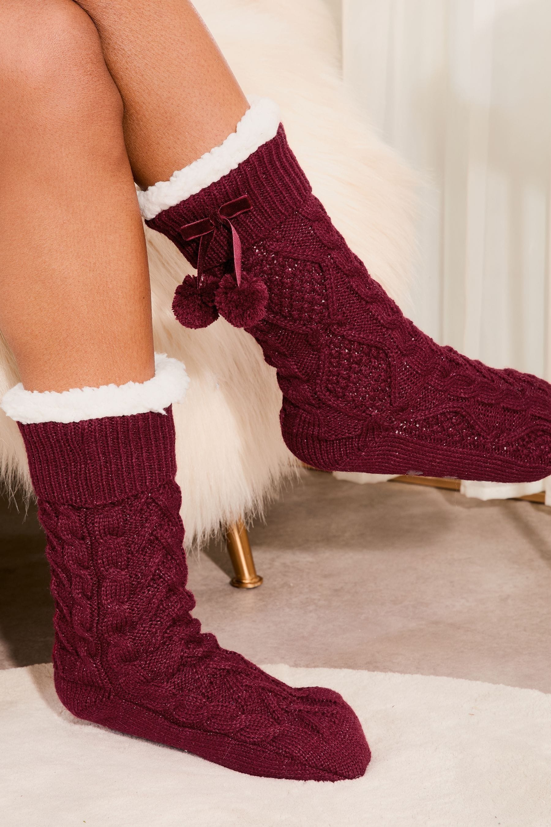 Lipsy Berry Red Cosy Knitted Slipper Socks M L Womens
