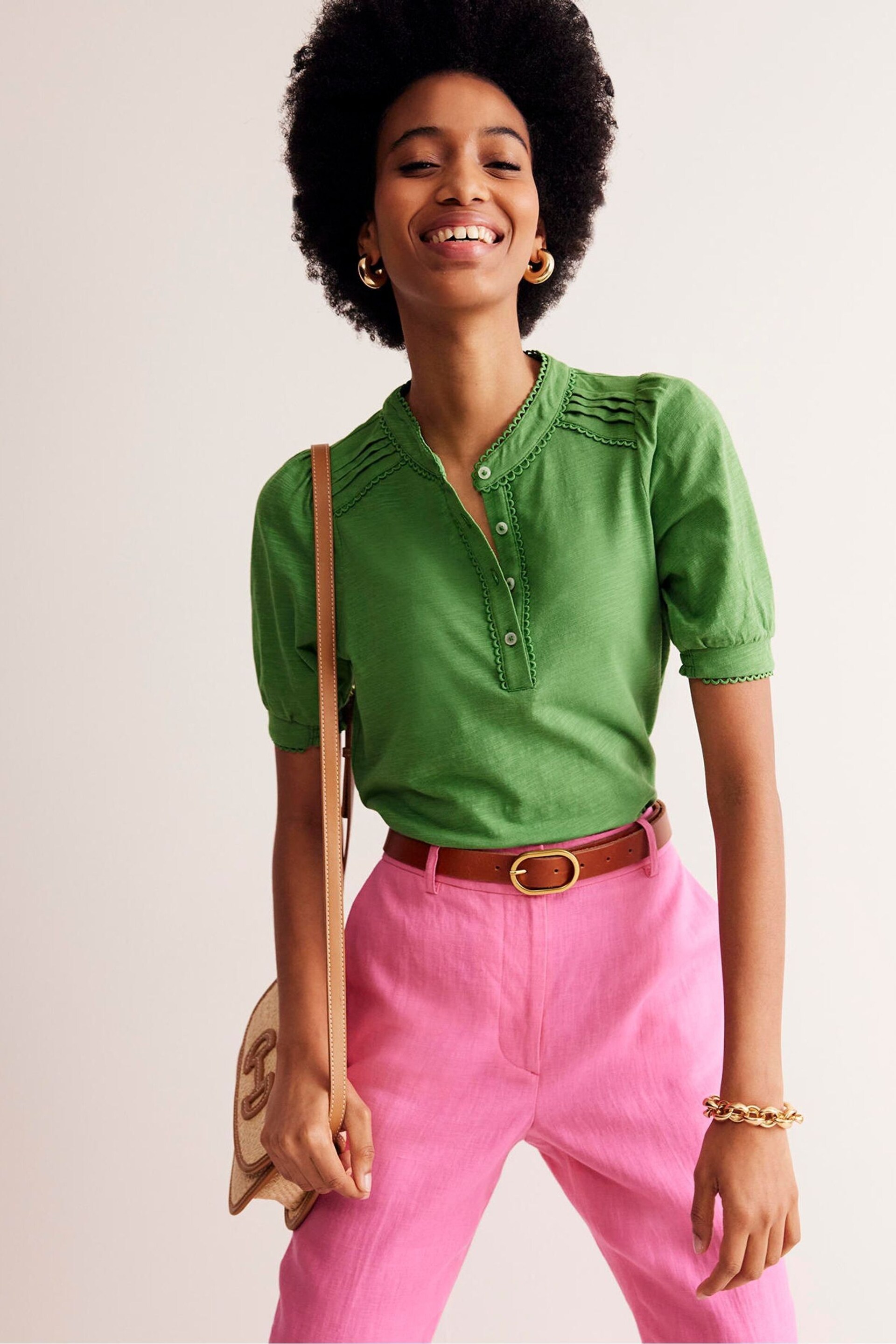 Boden Green Pintuck Puff Sleeve Henley Top - Image 2 of 5