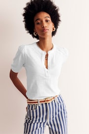 Boden White Pintuck Puff Sleeve Henley Top - Image 1 of 5