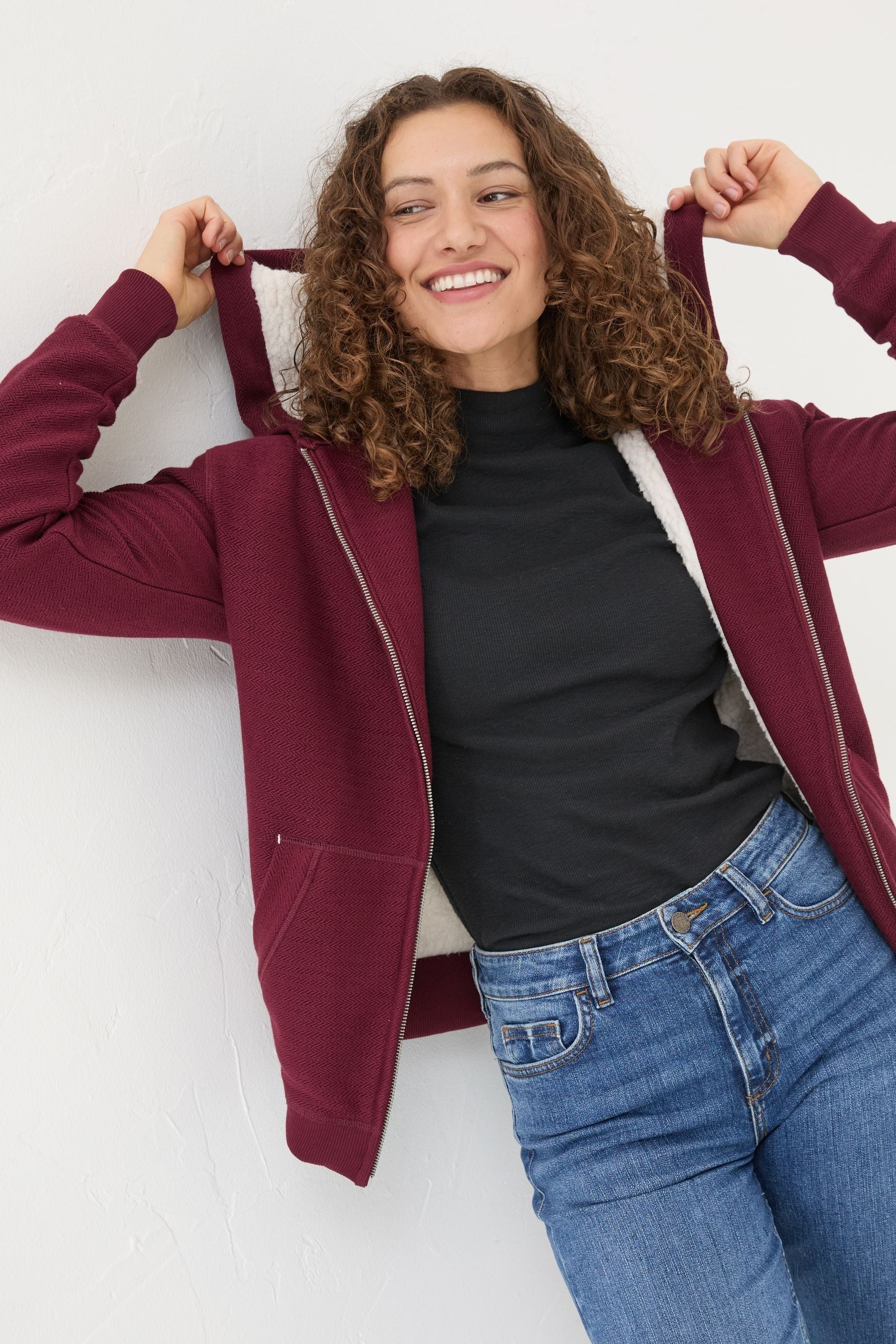 Buy FatFace Amy Dark Red Nep Borg Lined Zip Through Hoodie from Next Ireland