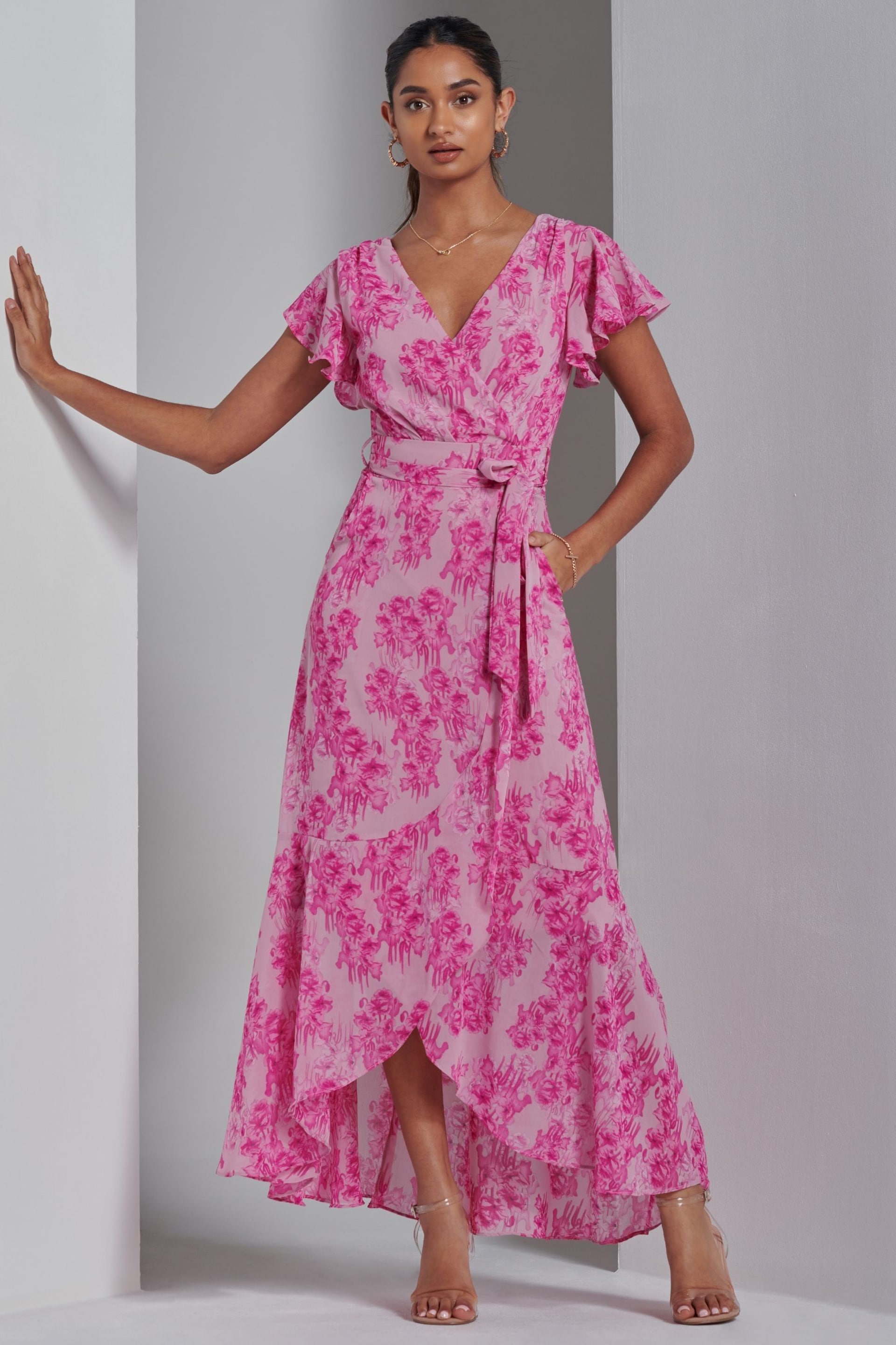 Jolie Moi Pink Haylie Frill Chiffon Maxi Dress - Image 1 of 6