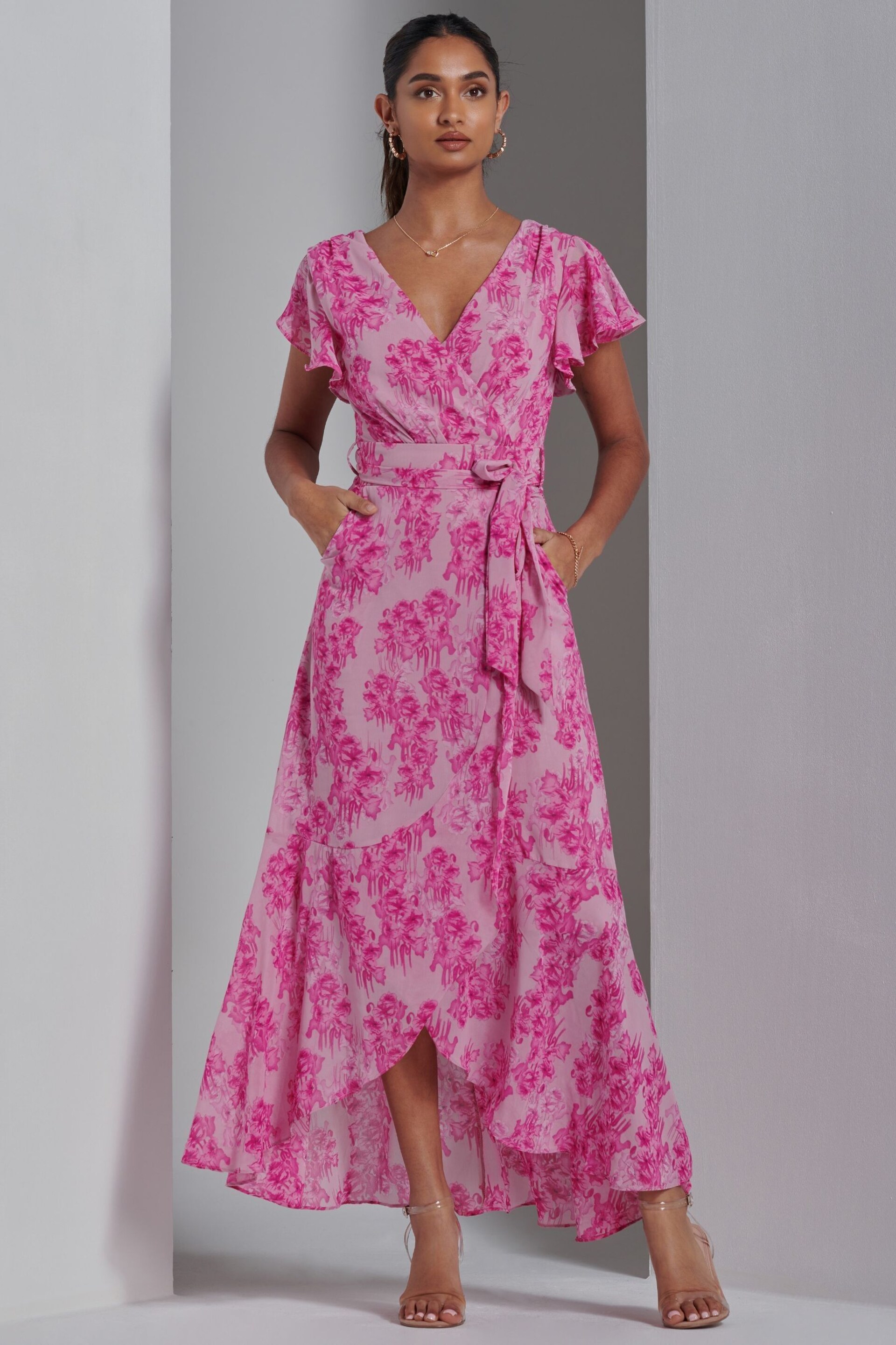 Jolie Moi Pink Haylie Frill Chiffon Maxi Dress - Image 5 of 6