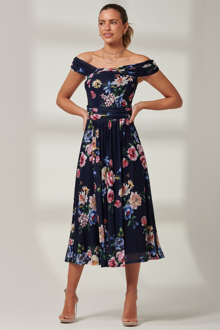 Jolie Moi Blue Floral Bardot Mesh Midi Dress - Image 1 of 6