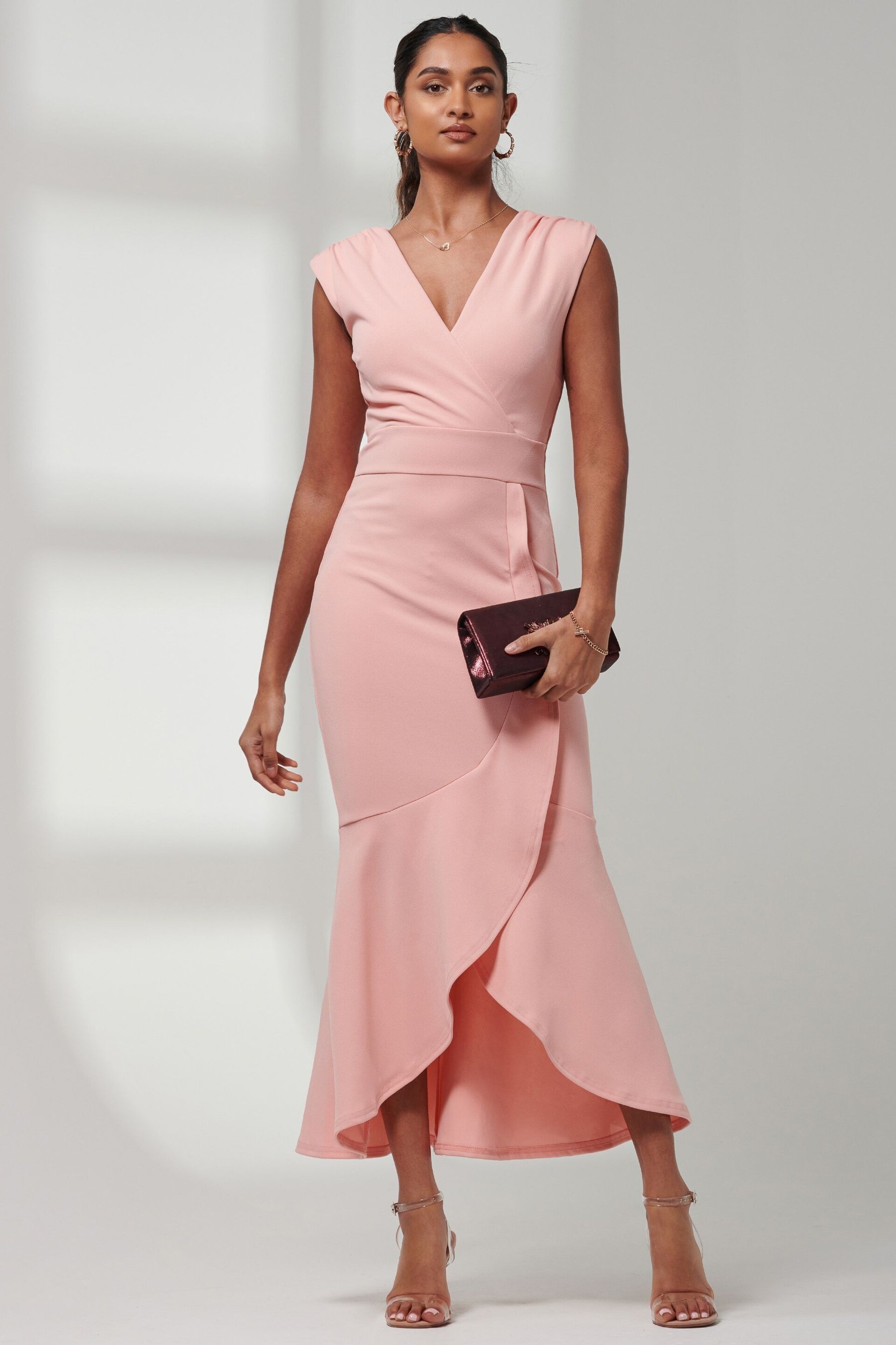 Jolie Moi Pink Mabruka Frill Fishtail Maxi Dress - Image 1 of 6