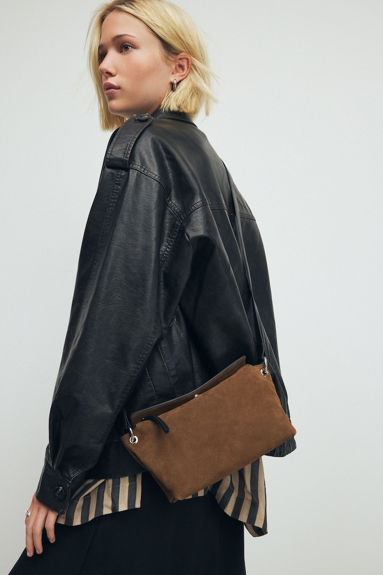 Taupe Brown Leather Contrast Cross Body Bag - Image 2 of 6