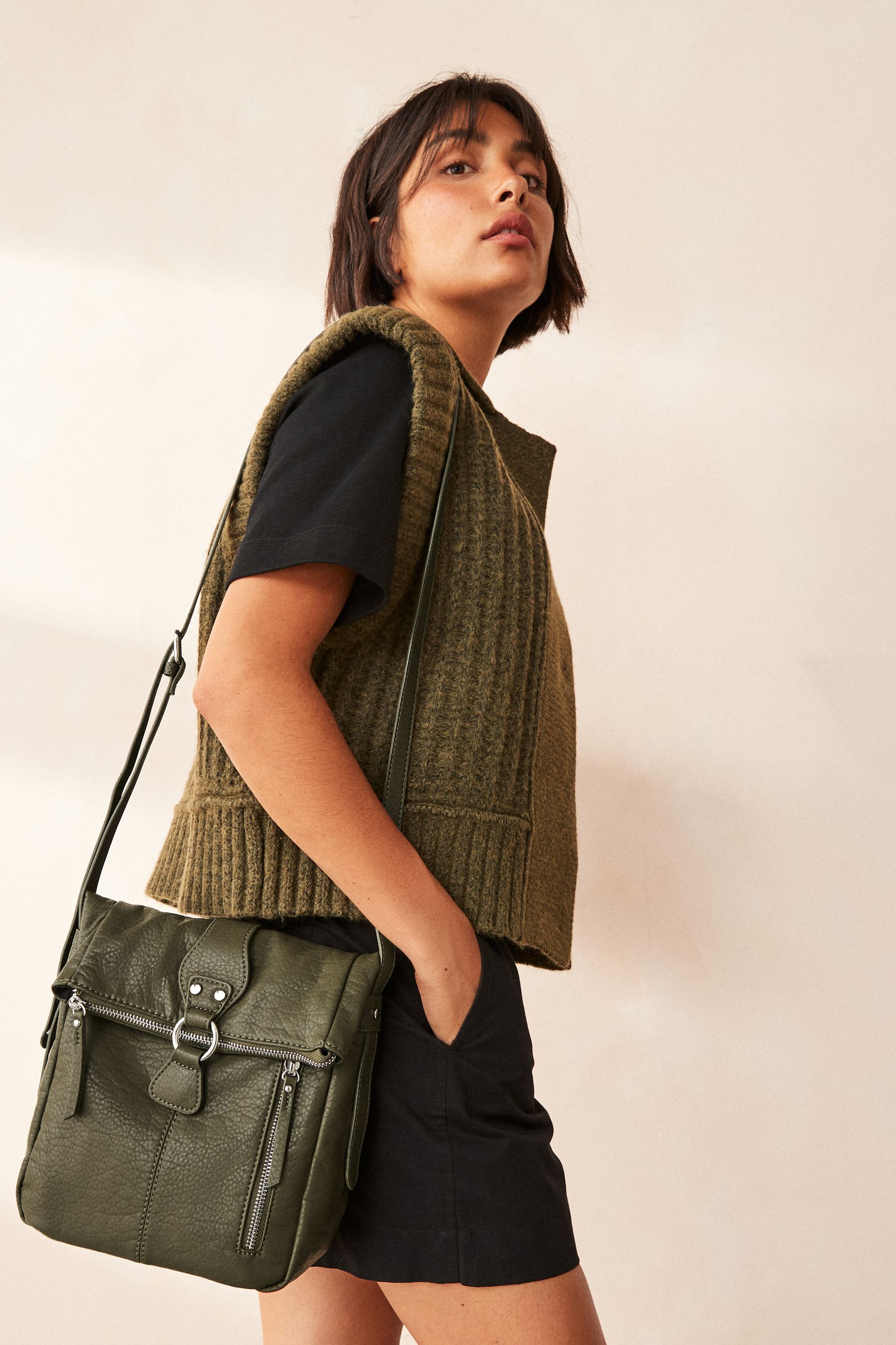 NEXT Khaki Green Utility Style Messenger Bag ONE Womens