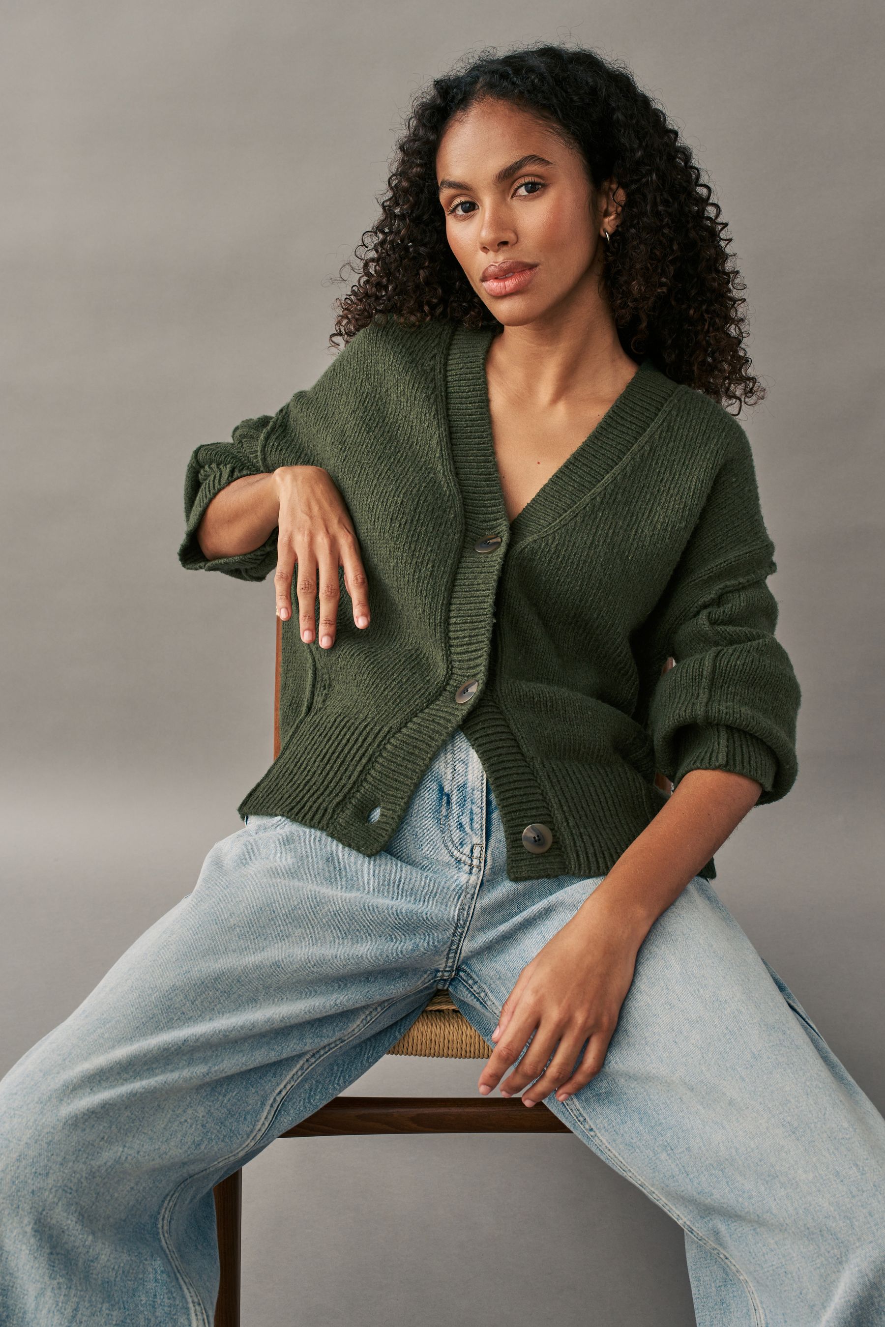 Buy Green Khaki Olive Soft Touch Seam Detail Button Through Knitted Cardigan with Wool from the Next UK online shop