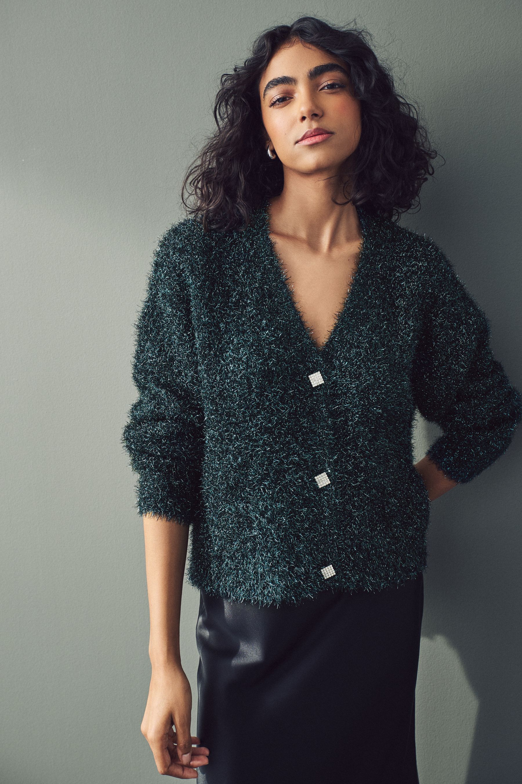 Buy Dark Green Sparkle Tinsel Knitted Cardigan from Next Luxembourg