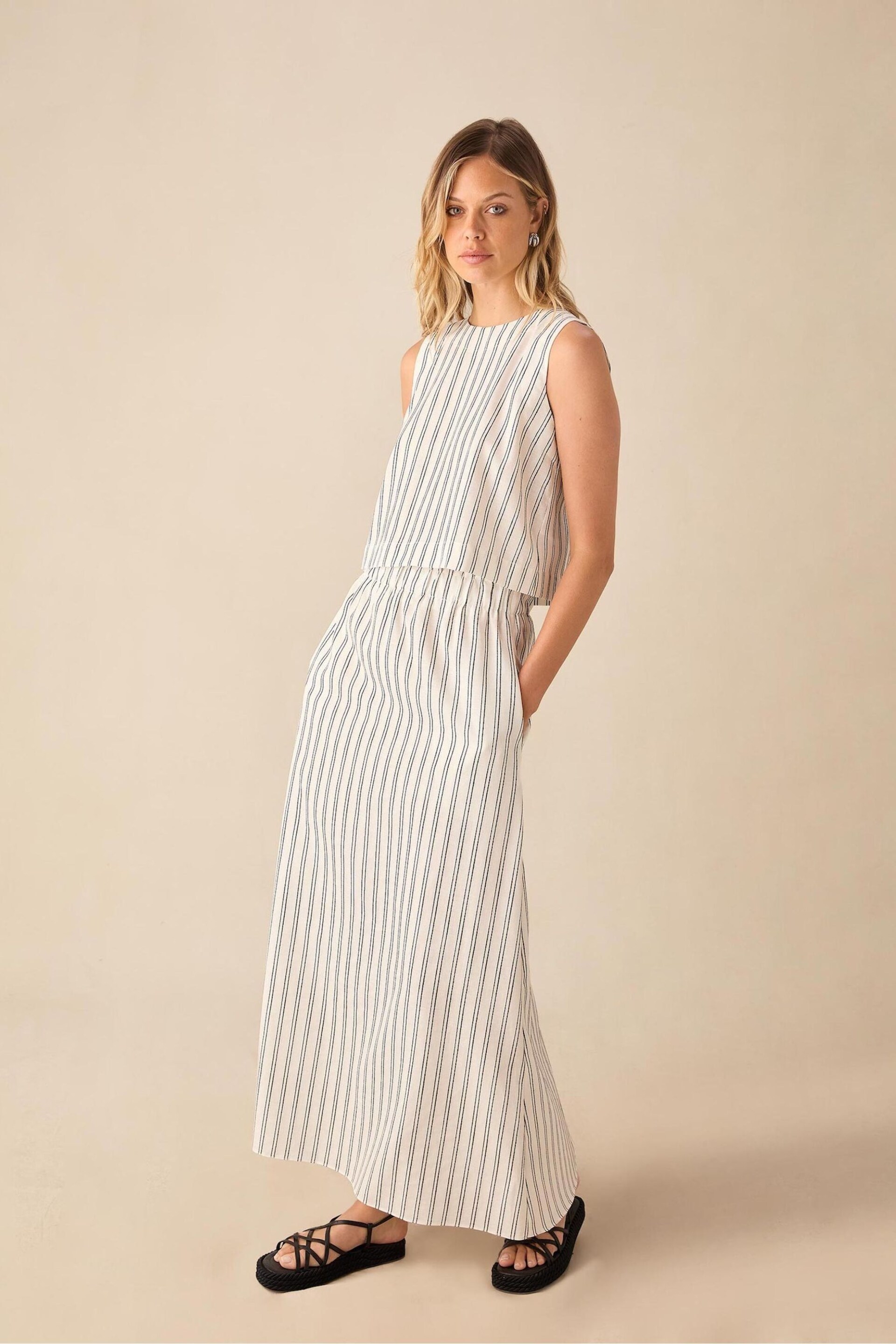 Ro&Zo Stripe Linen Ivory White Skirt - Image 1 of 5