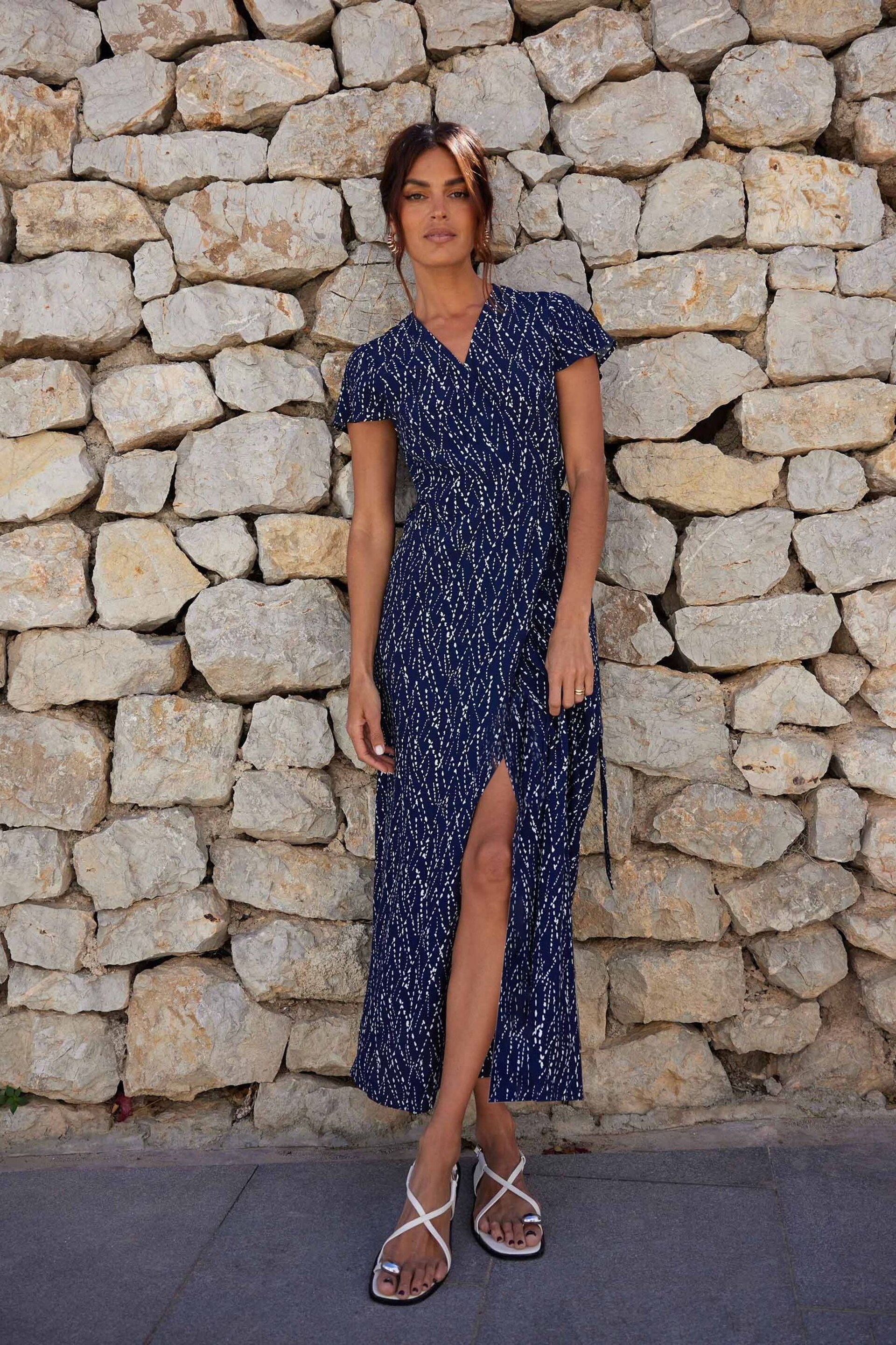 Ro&Zo Navy Blue Dash Print Wrap Midi Dress - Image 1 of 5