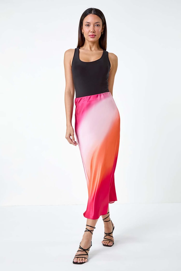 Dusk Orange Ombre Print Satin Midi Skirt - Image 2 of 5