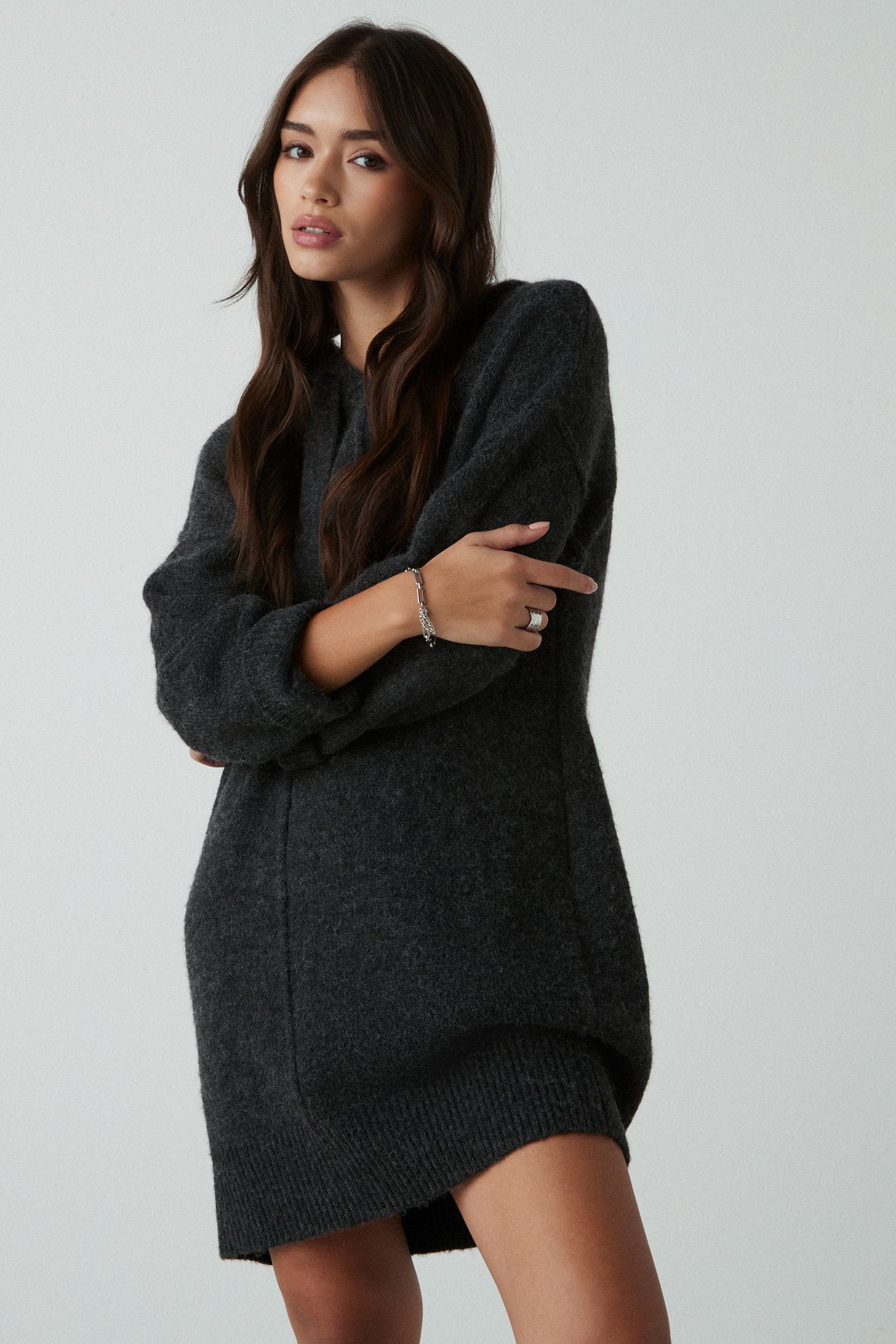Buy Grey Charcoal Relaxed Fit Hooded Knitted Jumper Dress with Wool from the Next UK online shop