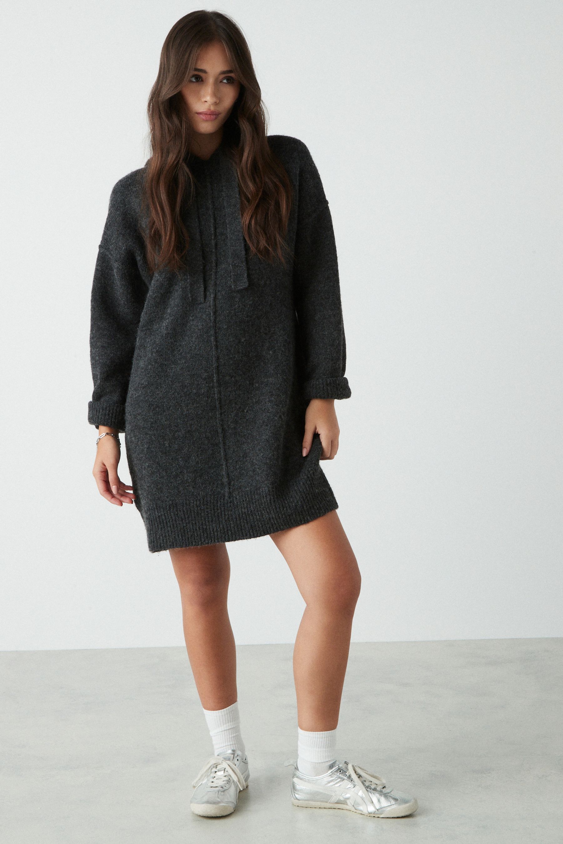 Buy Grey Charcoal Relaxed Fit Hooded Knitted Jumper Dress with Wool from the Next UK online shop