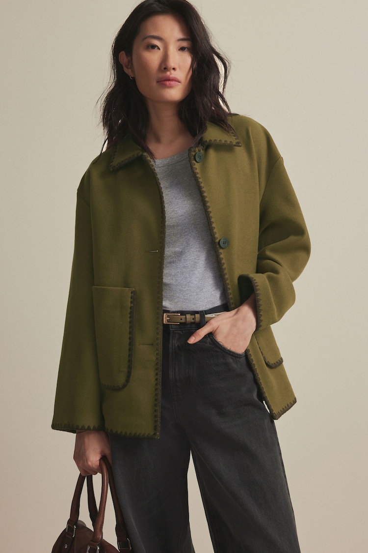 Olive Green Embroidered Stitch Jacket - Image 1 of 9