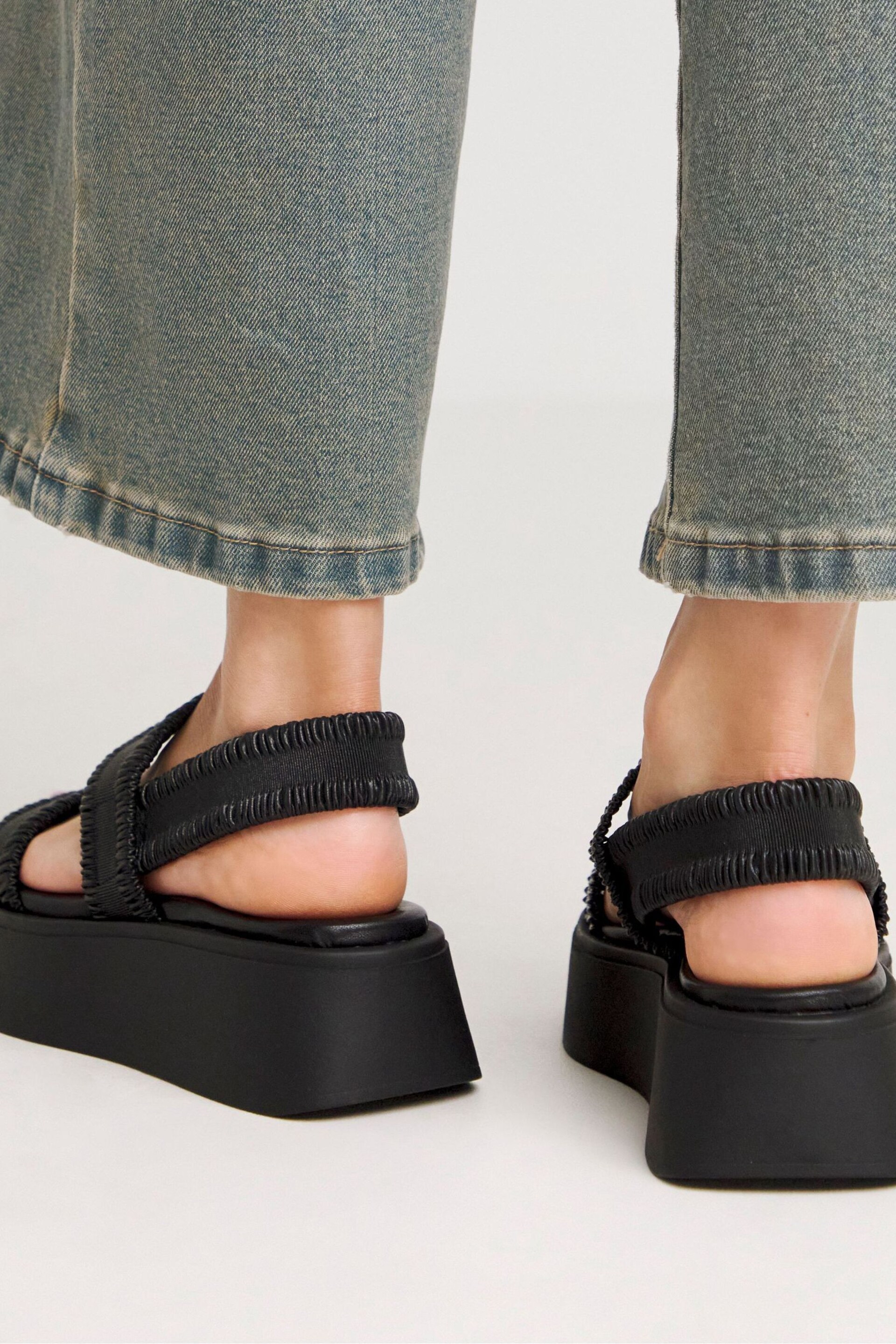 Simply Be Black Stretched Ruched Strappy Flatform Sandals in Wide Fit - Image 2 of 4